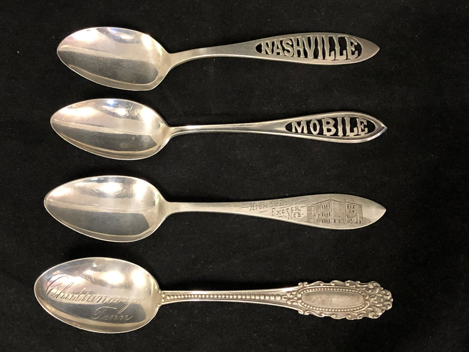 (4)Vintage Sterling Silver Collectors Spoons - 64.9g: (4)Vintage Sterling Silver Collectors Spoons - 64.9g Total, Nashville, Mobile AL, Exeter High School Nebraska & Chattanooga Tenn