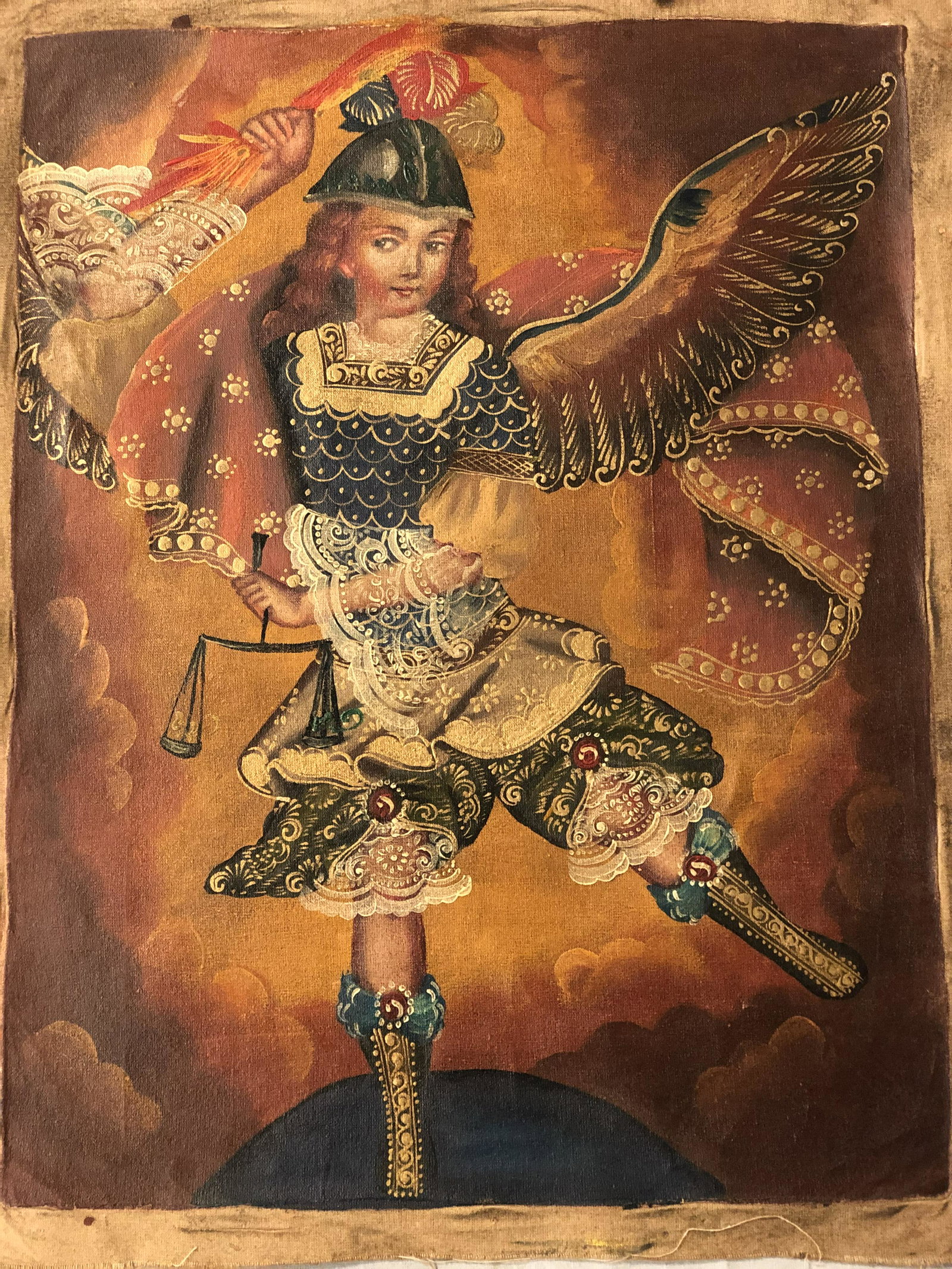 Antique Spanish Colonial Painting on Linen - Sight 13'': Antique Spanish Colonial Painting on Linen - Sight 13'' x 16''