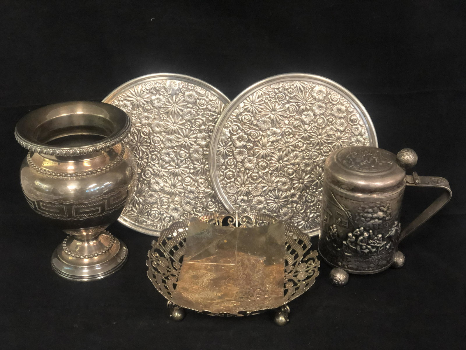 Asst Silverplated Items, Danish Tankard, Vase,More -: Asst Silverplated Items, Danish Tankard, Vase,More - Antique / Vintage, Trivets, Dish / Bowl, Etched Vase