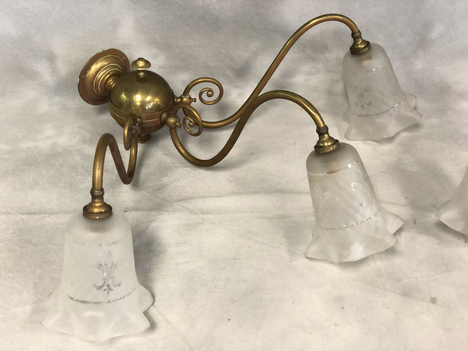 Pr Victorian 3 Arm Wall Sconces - Original Quilted: Pr Victorian 3 Arm Wall Sconces - Original Quilted Glass Shades w/ Etched Fleur De Lis, 28'' x 23.5'' x 6''