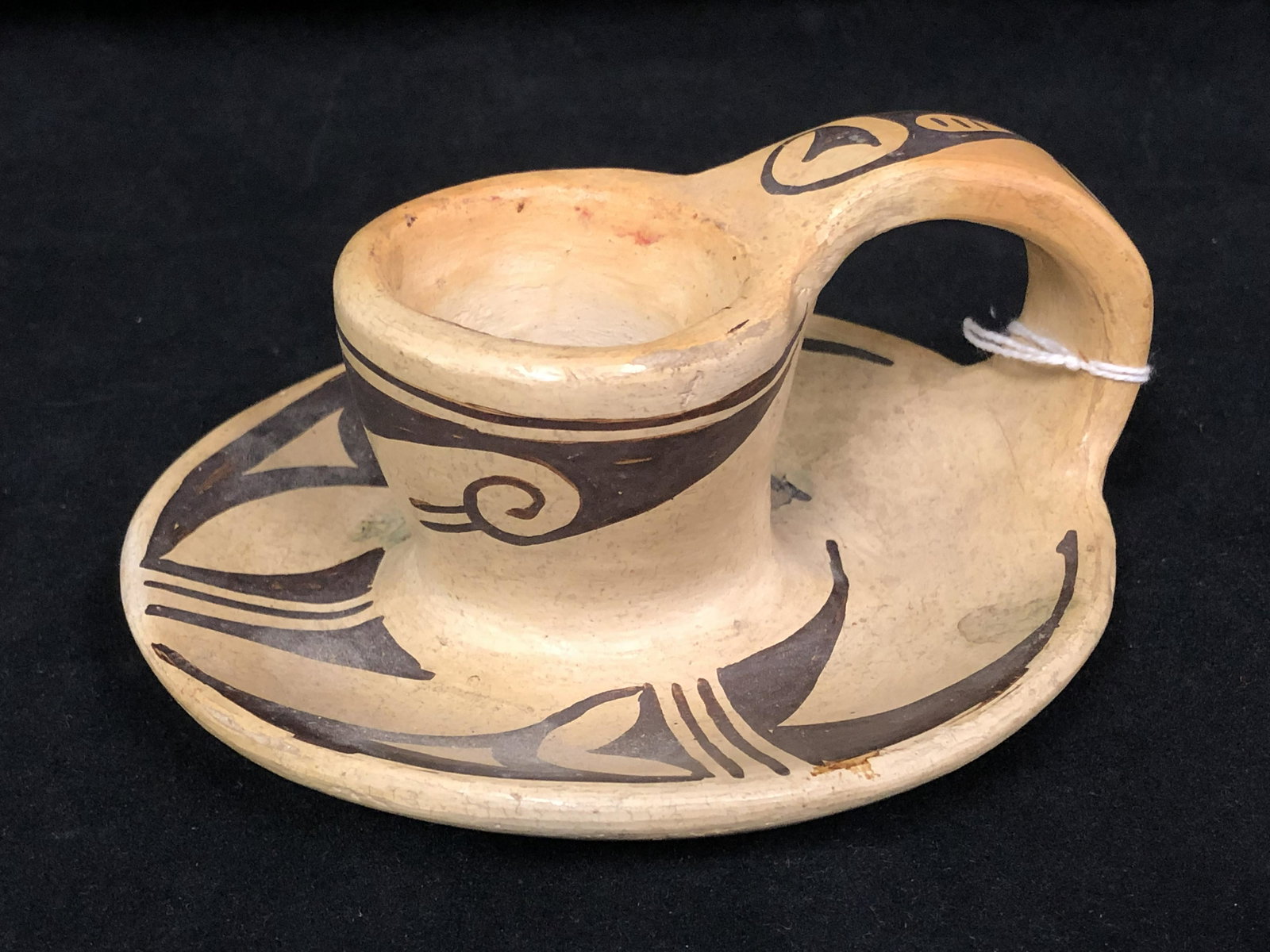 1930s Native American Hopi Candlestick - Original: 1930s Native American Hopi Candlestick - Original Label, Signed 'Mildred Lalo' , 6'' Diameter x 2.5'' Tall