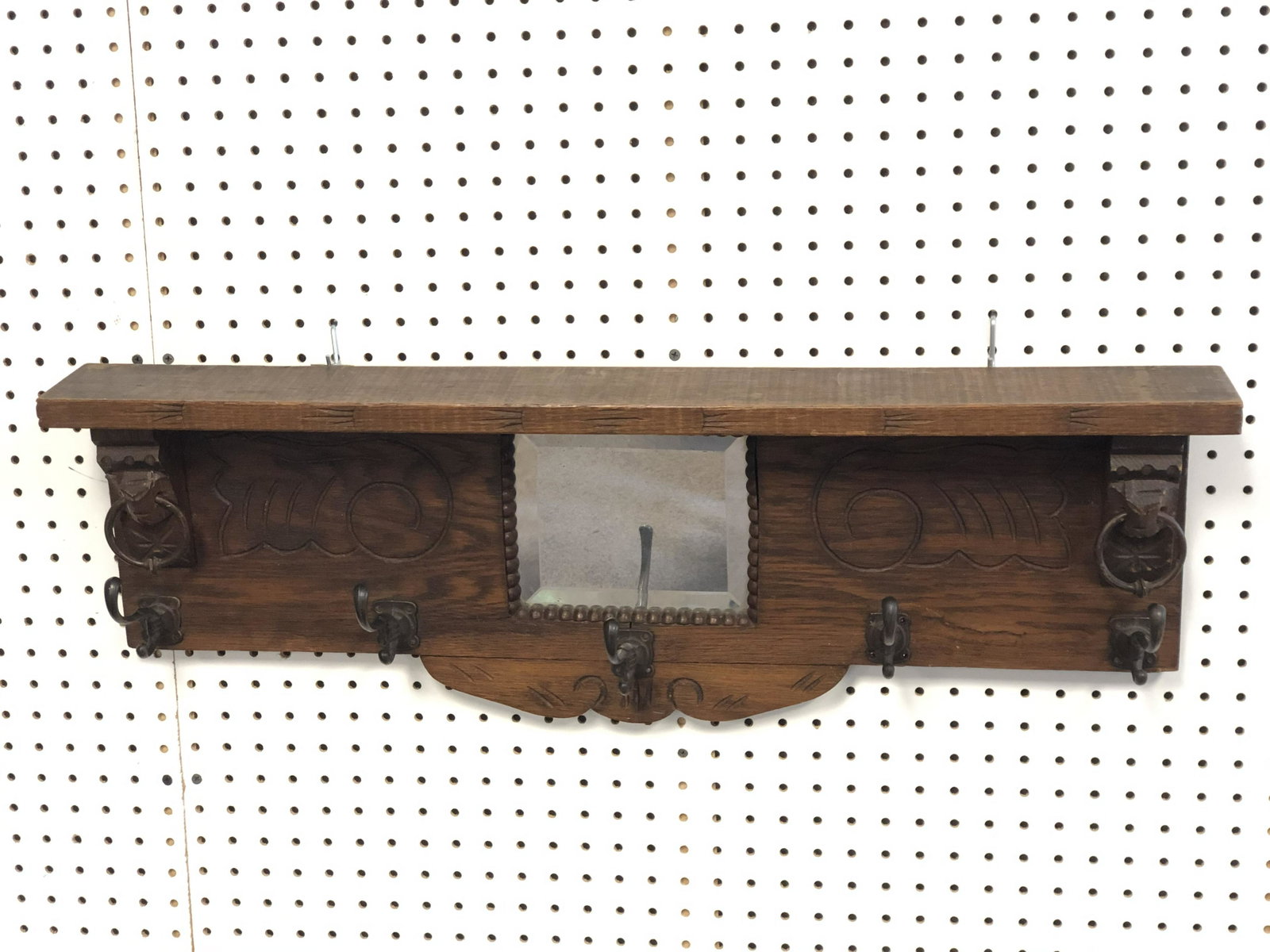 Vintage Oak Wall Rack w/ Beveled Mirror - 5 Metal: Vintage Oak Wall Rack w/ Beveled Mirror - 5 Metal Hooks, 2 Round Scarf Hooks, 32'' x 8.5''