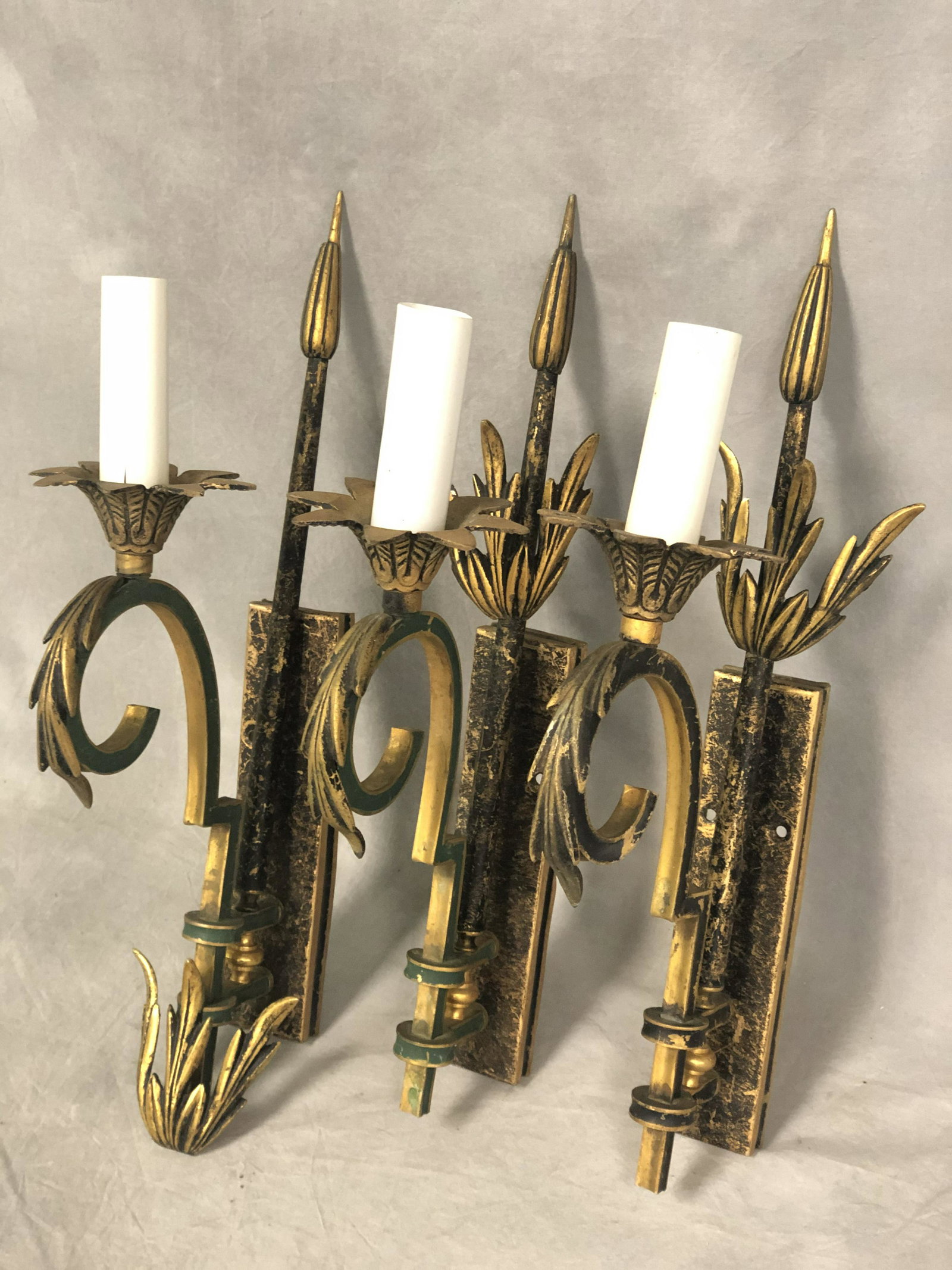 (3)Metal Art Deco Style Wall Sconces - 8'' x 18.5'': (3)Metal Art Deco Style Wall Sconces - 8'' x 18.5'' Tall, - Inspect One Accent Leaf -