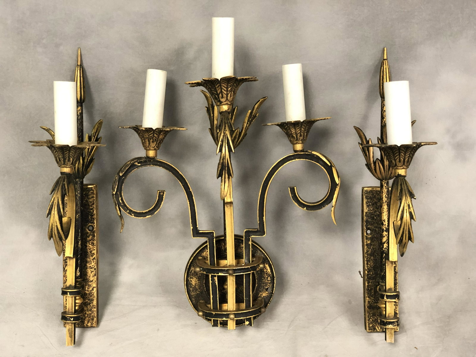 (3)Art Deco Style Wall Sconces - Pr of Single Light: (3)Art Deco Style Wall Sconces - Pr of Single Light Sconces 8'' x 19'' Tall, (1) Three Light Sconce