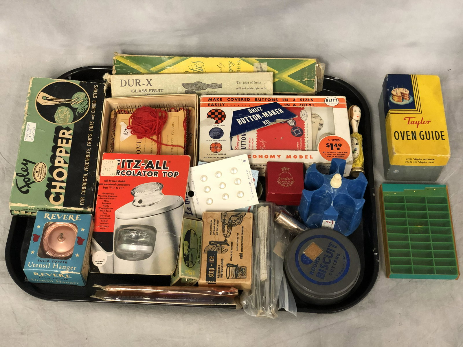 Vtg Advertising Items, Sewing & Cooking - Bakelite,: Vtg Advertising Items, Sewing & Cooking - Bakelite, Biscuit Cutters, Copper, Fitz All, More
