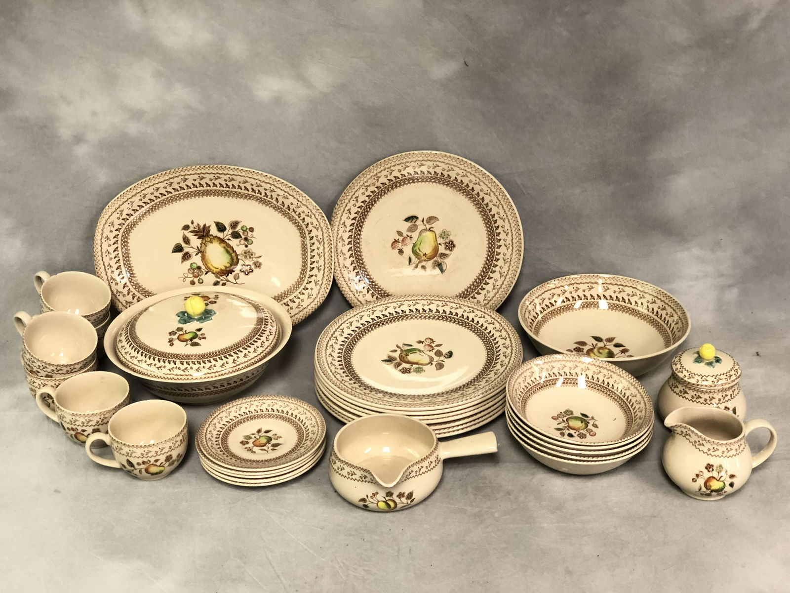 30pcs. Johnson Bros Old Granite Pattern China -: 30pcs. Johnson Bros Old Granite Pattern China - Staffordshire Fruit Sampler, Creamer, Sugar, Plates, Casserole, Platter, Serving Dish, Cups