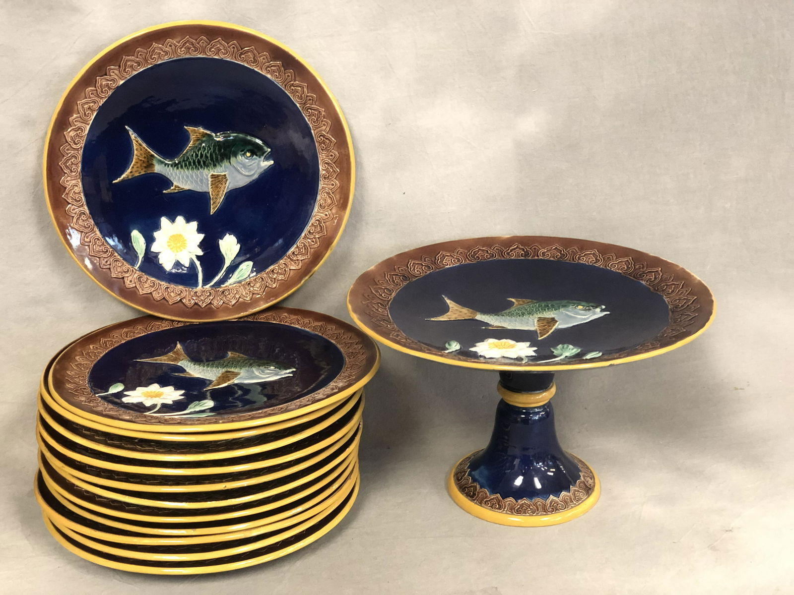 C.1870 Joseph Holdcroft Majolica Fish Plates - Pedestal (1 of 5)
