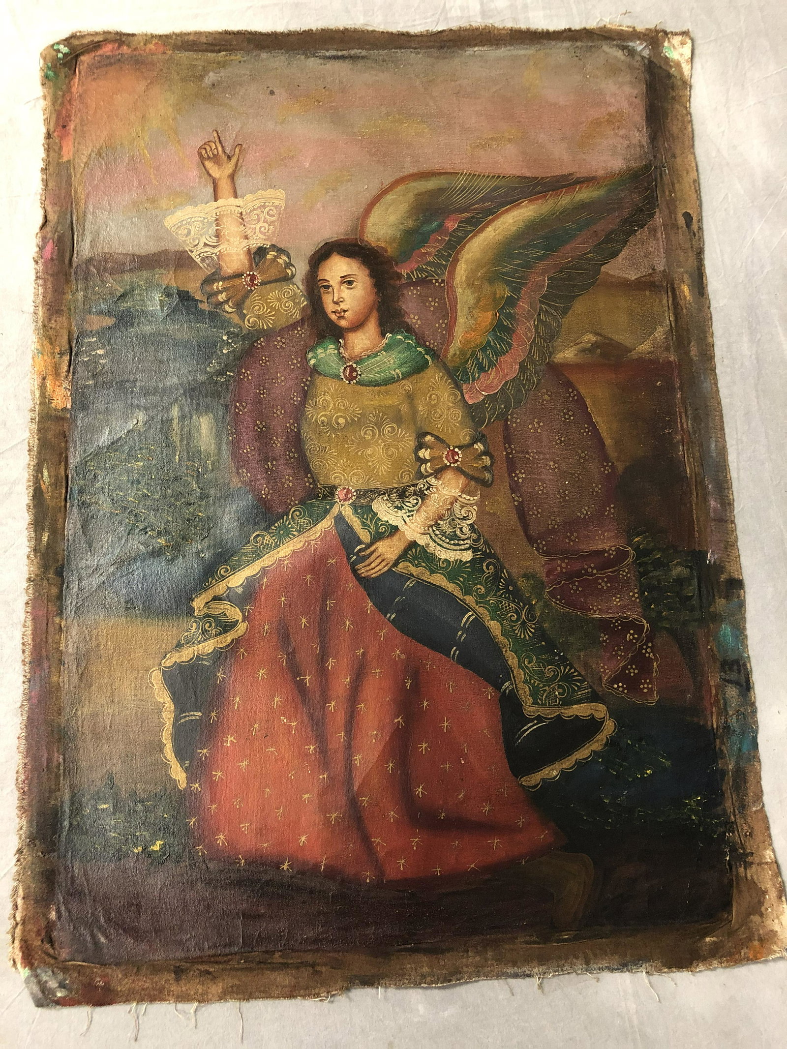 Antique Spanish Colonial Oil on Linen, Marked - Marked: Antique Spanish Colonial Oil on Linen, Marked - Marked on Back, 24'' x 17.5''