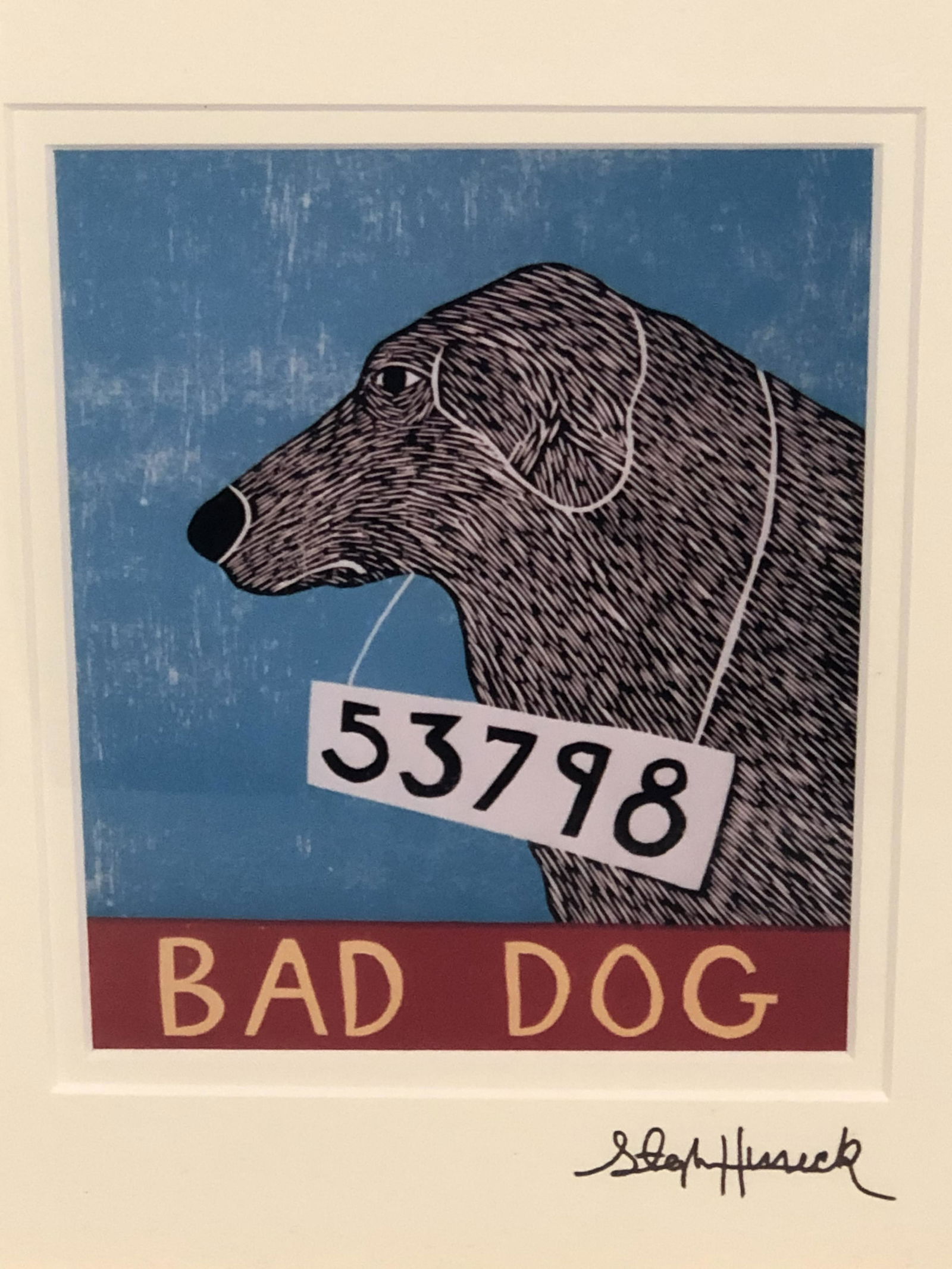 Signed 'Stephen Huneck' Block Print of Bad Dog - Sight (1 of 4)