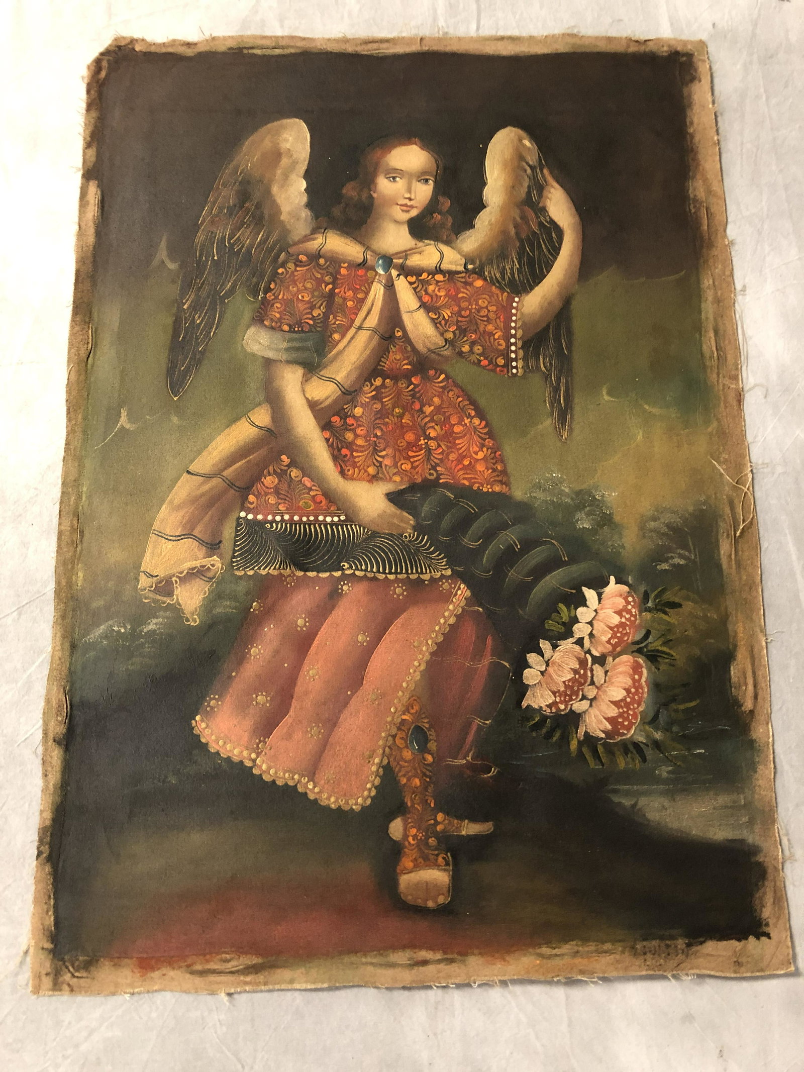 Antique Spanish Colonial Oil on Linen, Signed - 24'' x: Antique Spanish Colonial Oil on Linen, Signed - 24'' x 17''