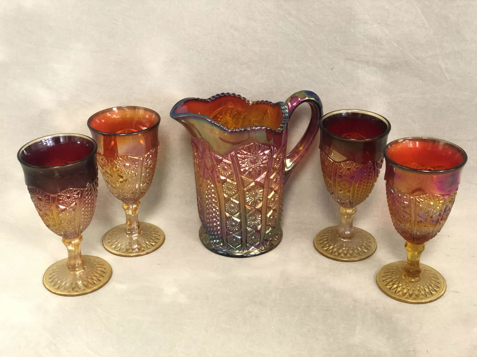 1960s 5pc Sunset Carnival Glass Set - 7'' Pitcher & (4) (1 of 5)