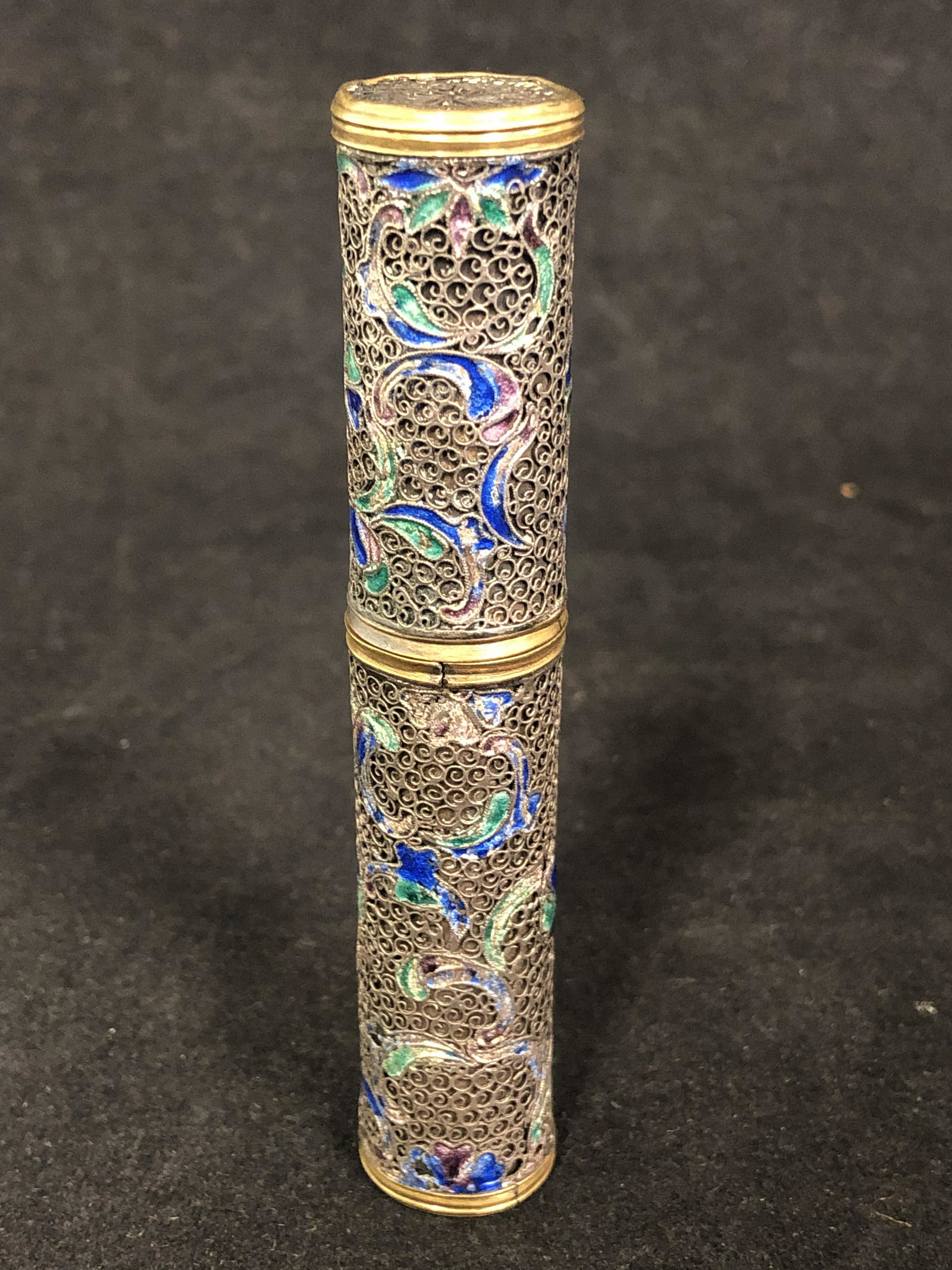 C.1890s Chinese Filagree w/ Enamel Needle Case -: C.1890s Chinese Filagree w/ Enamel Needle Case - Detailed Silver Filagree w/ Enamel, 3.75'' Tall