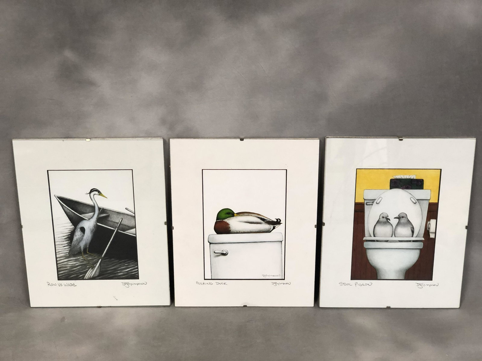 (3)Signed 'D.J. McMahon' Prints - Stool Pigeon, Peeking: (3)Signed 'D.J. McMahon' Prints - Stool Pigeon, Peeking Duck & Row Vs Wade