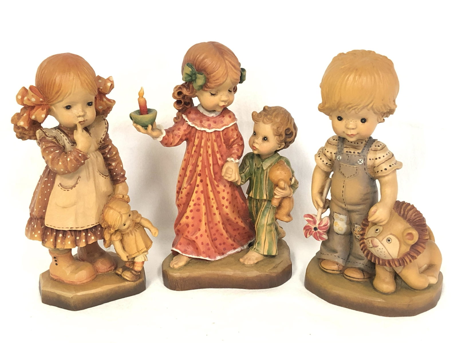 (3)#d Anri Italian HandCarved Wood Figures - Limited: (3)#d Anri Italian HandCarved Wood Figures - Limited Edition, My Little Brother w/ Box #492 / 2000 , Boy w/ Lion #45 / 4000 , Girl w/ Doll #M / 4000