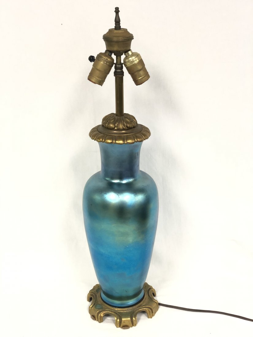 Steuben Blue Iridescent Aurene Lamp, Signed - Signed: Steuben Blue Iridescent Aurene Lamp, Signed - Signed ''Aurene'' Early Steuben Table Lamp, Base 15'' Tall & Overall 25'' Tall
