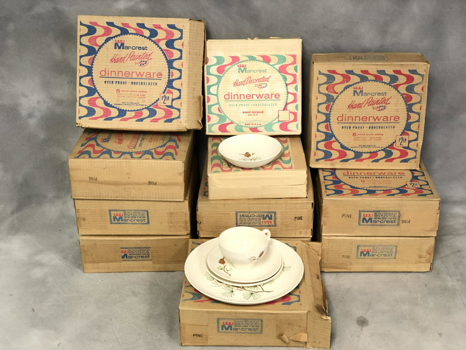 1960s Mar-Crest Handpainted Dinnerware,Sealed - Pine: 1960s Mar-Crest Handpainted Dinnerware,Sealed - Pine Cone Pattern, (10) Sets of 5, Sealed Boxes w/ (2)Sealed Boxes Soup Bowls