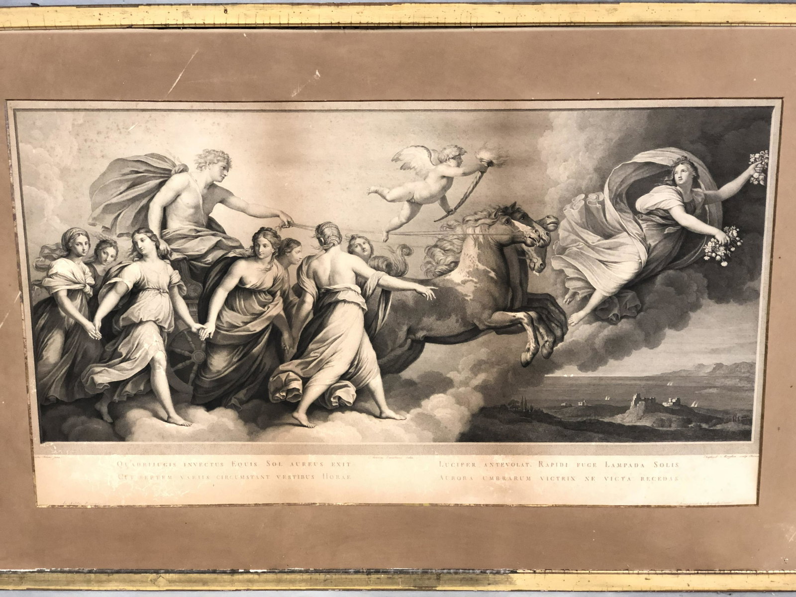 Antique Morghen Raphael Etching of Aurora - Early: Antique Morghen Raphael Etching of Aurora - Early 1800s, Aurora w/ Flowers Looking Back at Apollo , Newspaper on Back , Framed 28'' x 43.5''