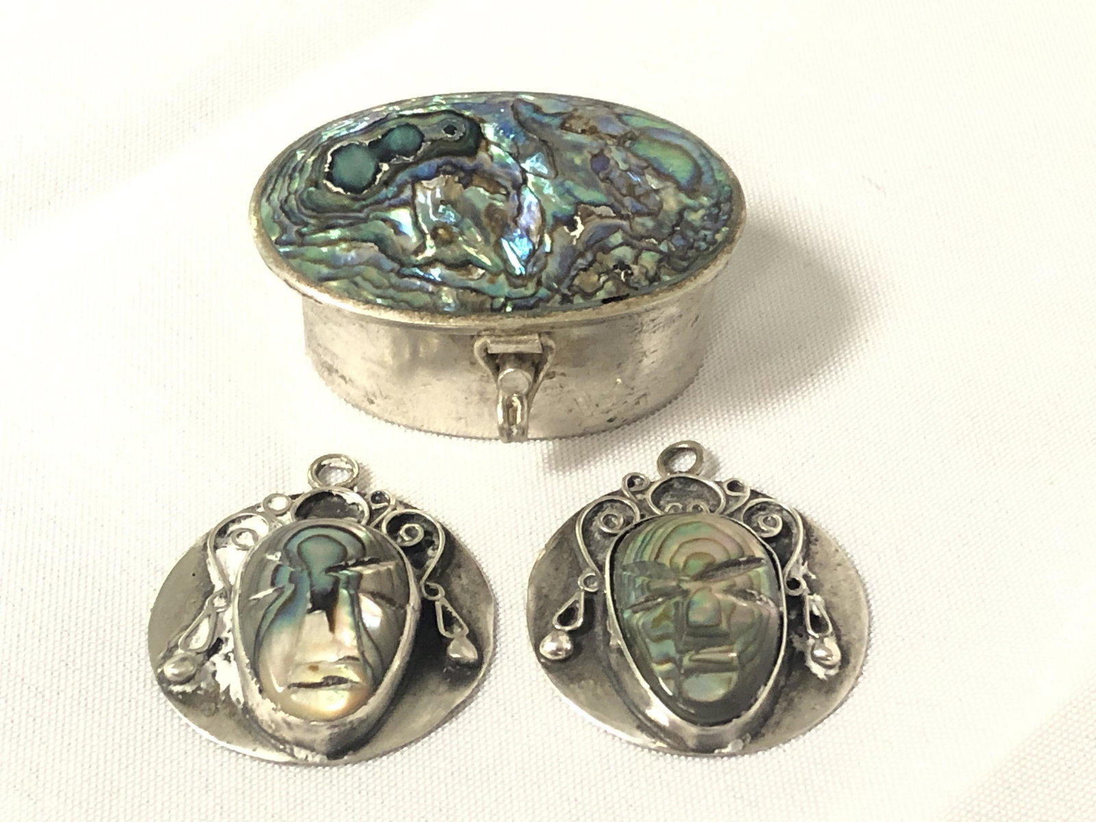 Mexican Sterling Abalone Pendants, Pill Box - Alpaca: Mexican Sterling Abalone Pendants, Pill Box - Alpaca Mexico Silver Abalone Pill Box, Pr Pendants Marked .925