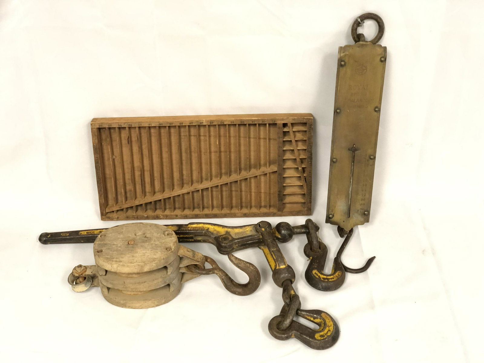 Asst Tray Lot, Balance Scale,Pulley, Tray - Hamilton: Asst Tray Lot, Balance Scale,Pulley, Tray - Hamilton Type Tray, Royal Spring Brass Balance Scale, Double Hook Pulley, Wooden Pulley