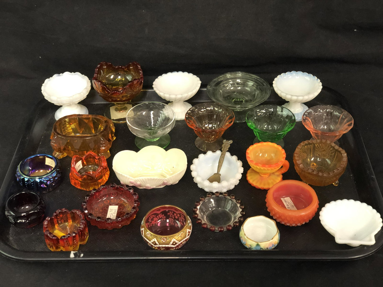 (24)Atq / Vtg Salt Cellars, Master Salts - Various: (24)Atq / Vtg Salt Cellars, Master Salts - Various Makers, Carnival Glass, Opalescent, Milkglass & More