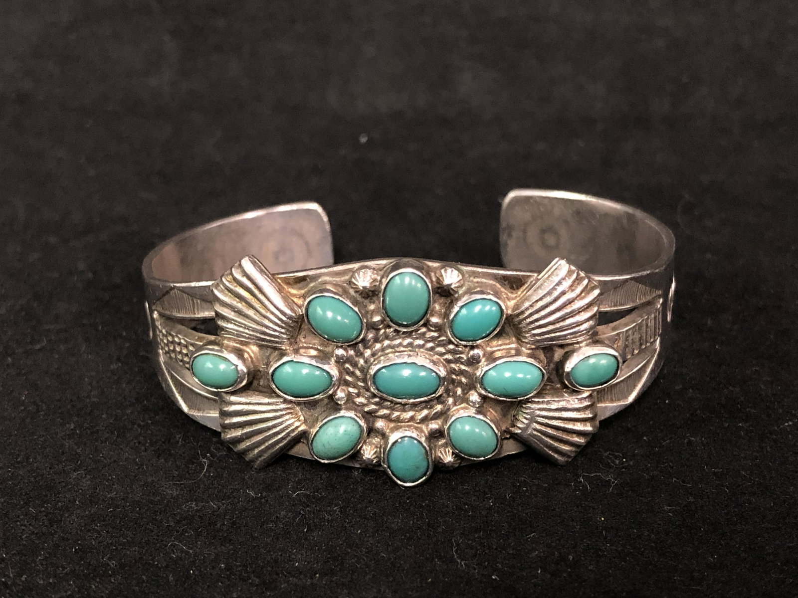 Old Pawn Fred Harvey Era Navajo Bracelet - 1940s Native: Old Pawn Fred Harvey Era Navajo Bracelet - 1940s Native American Navajo Cuff Bracelet w/ 11 Natural Turquoise Stones, Design on Band, Total Wgt 33.18g