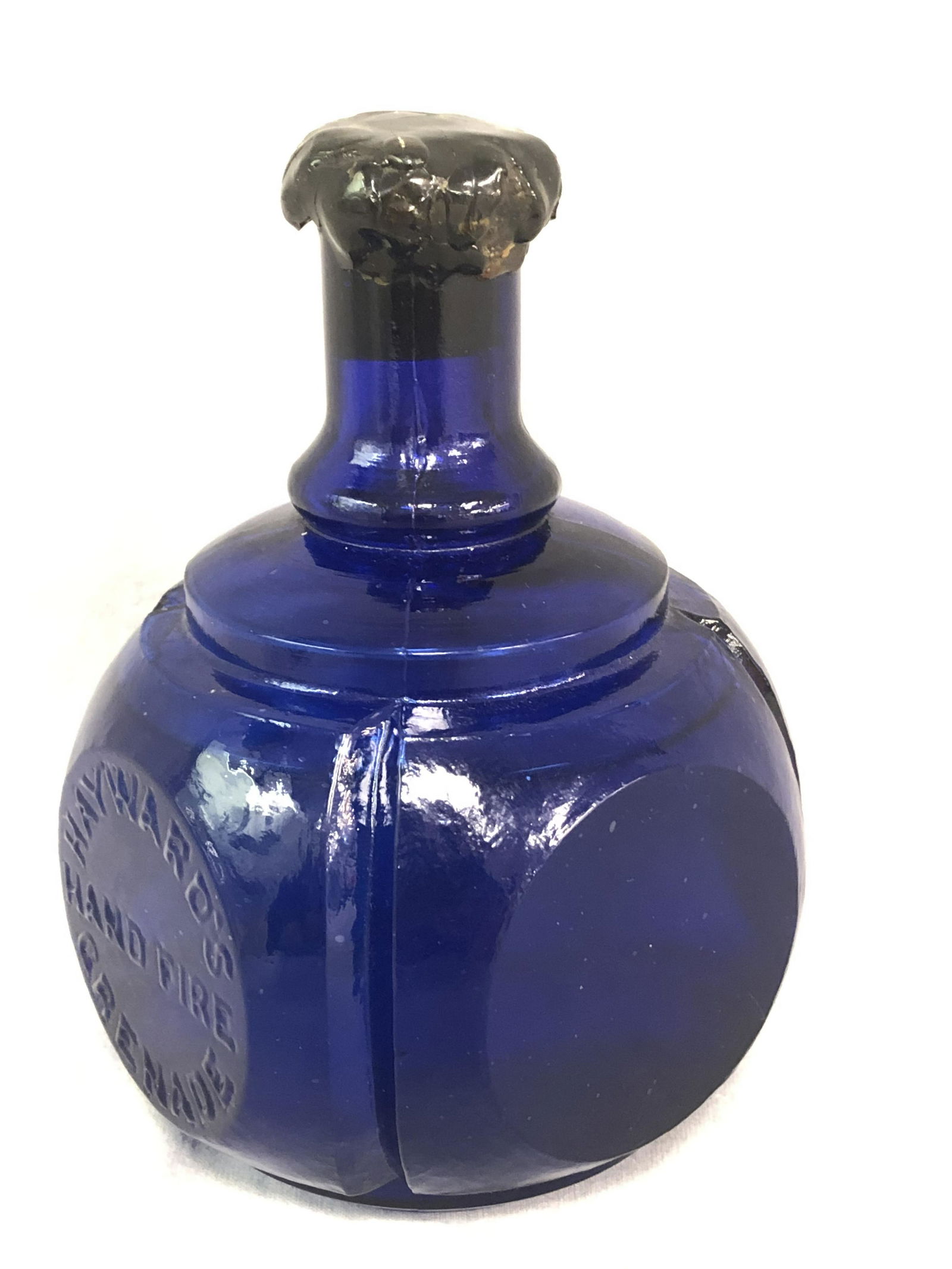 Hayward's Glass Hand Fire ''Grenade'' - Cobalt Blue: Hayward's Glass Hand Fire ''Grenade'' - Cobalt Blue Glass, Marked 'S.F. Hayward 407 Broadway N.Y. Aug 8 1871, 6'' Tall w/ Wax Seal Top Intact