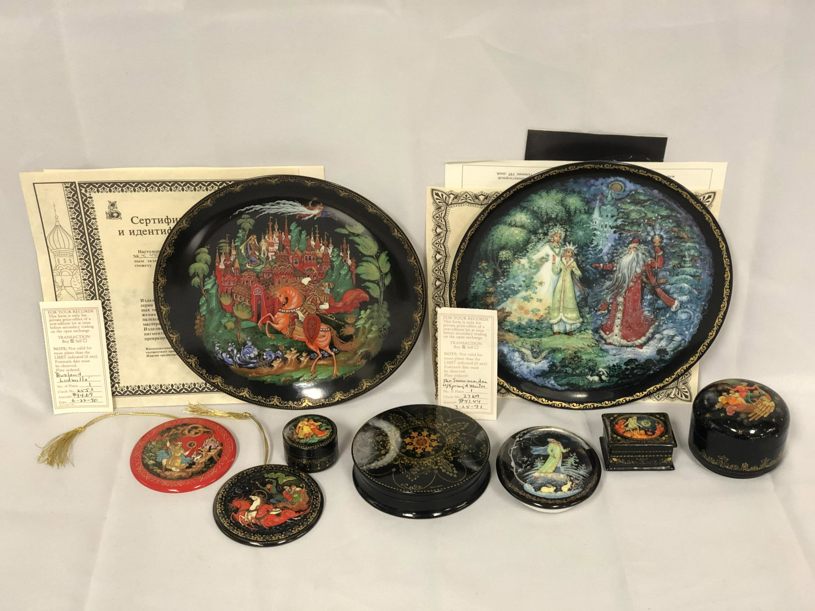(9)Handpainted Russian Music Boxes, Plates,More -: (9)Handpainted Russian Music Boxes, Plates,More - (4)Boxes (NonOpening), (2)Plates , Snow Goddess Music & (2)#'d Ornaments, Various Sizes