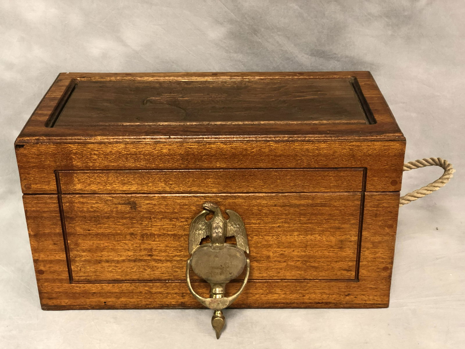 Wooden Carved Box w/ Eagle Top, Brass Knocker - 21.75'': Wooden Carved Box w/ Eagle Top, Brass Knocker - 21.75'' x 11'' x 12'' Carved Wooden Box w/ Eagle Head Carved in Top, Eagle Brass Knocker 3.75'' x 8.75''