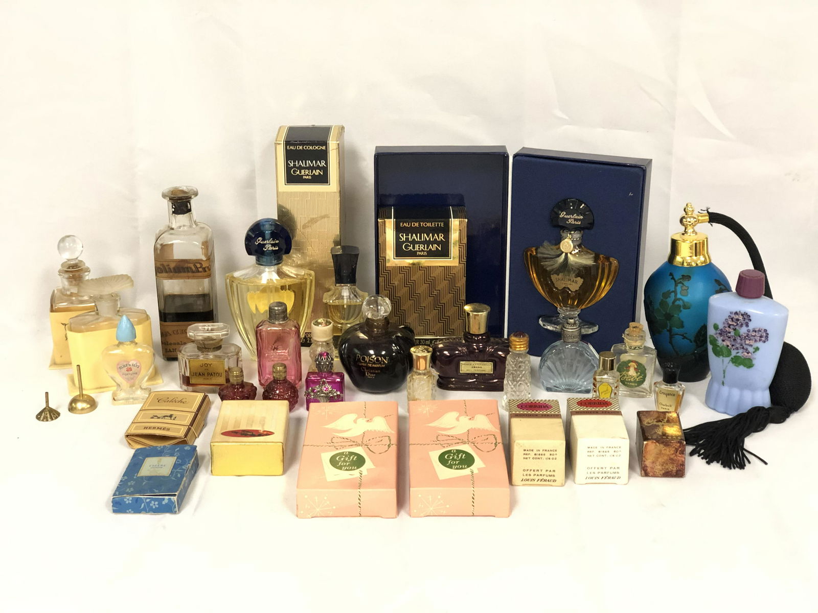 Group Asst Vintage Perfume Bottles - Shalimars, (3) w/: Group Asst Vintage Perfume Bottles - Shalimars, (3) w/ Original Boxes, Joy, Guerlain Paris w/ Mini Perfumes, Glass Dome & Many More