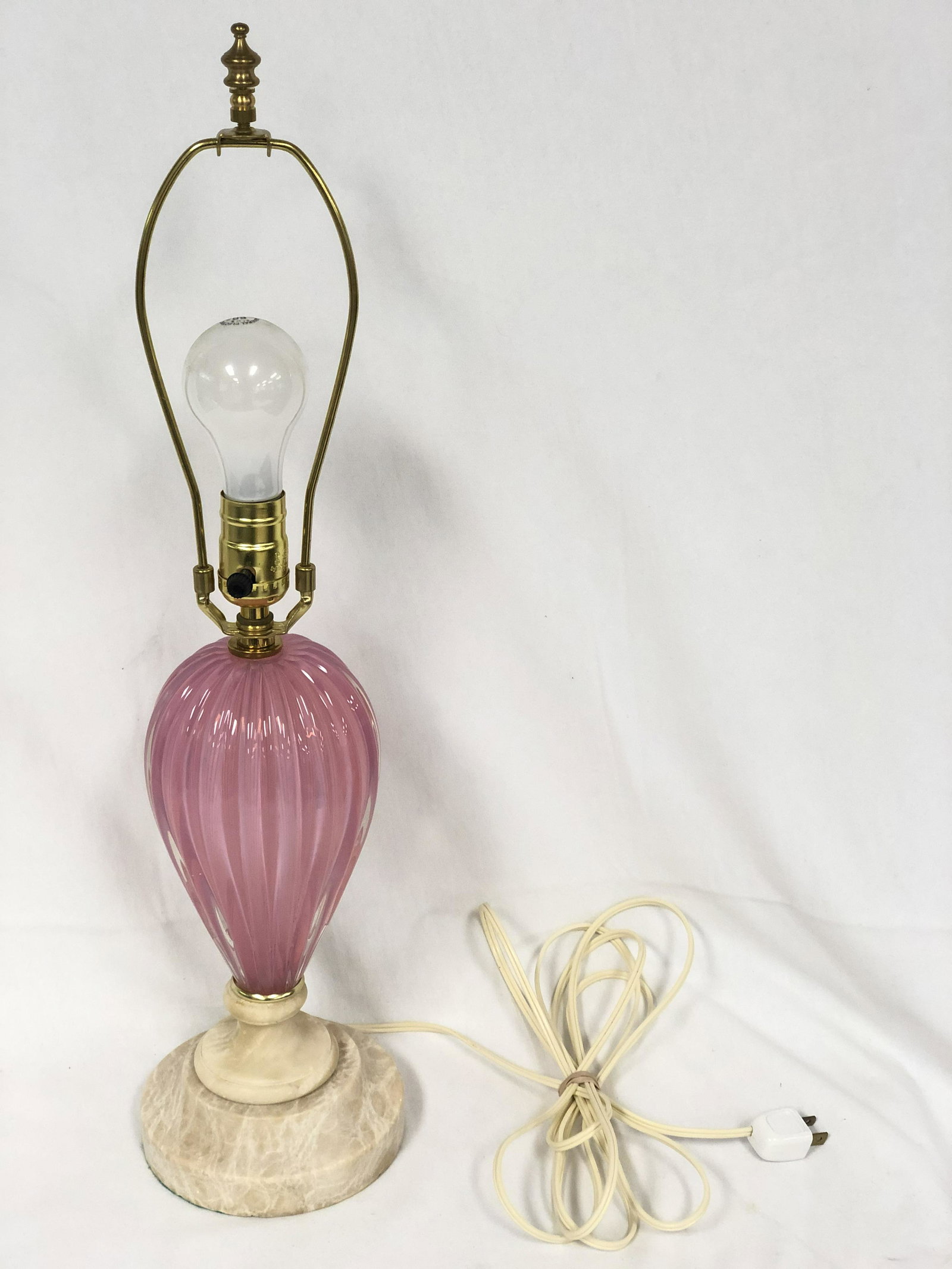 Pink Murano Art Glass Table Lamp - Marble Base, Overall: Pink Murano Art Glass Table Lamp - Marble Base, Overall 23.5'' Tall , Glass 8'' Tall
