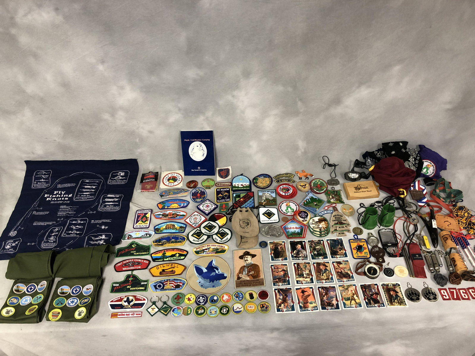 Lot Asst Boy & Girl Scout Items - Sashes, Patches,: Lot Asst Boy & Girl Scout Items - Sashes, Patches, Ribbons, Philmont Buckle, Compasses, Whistles, Sling Shot & More