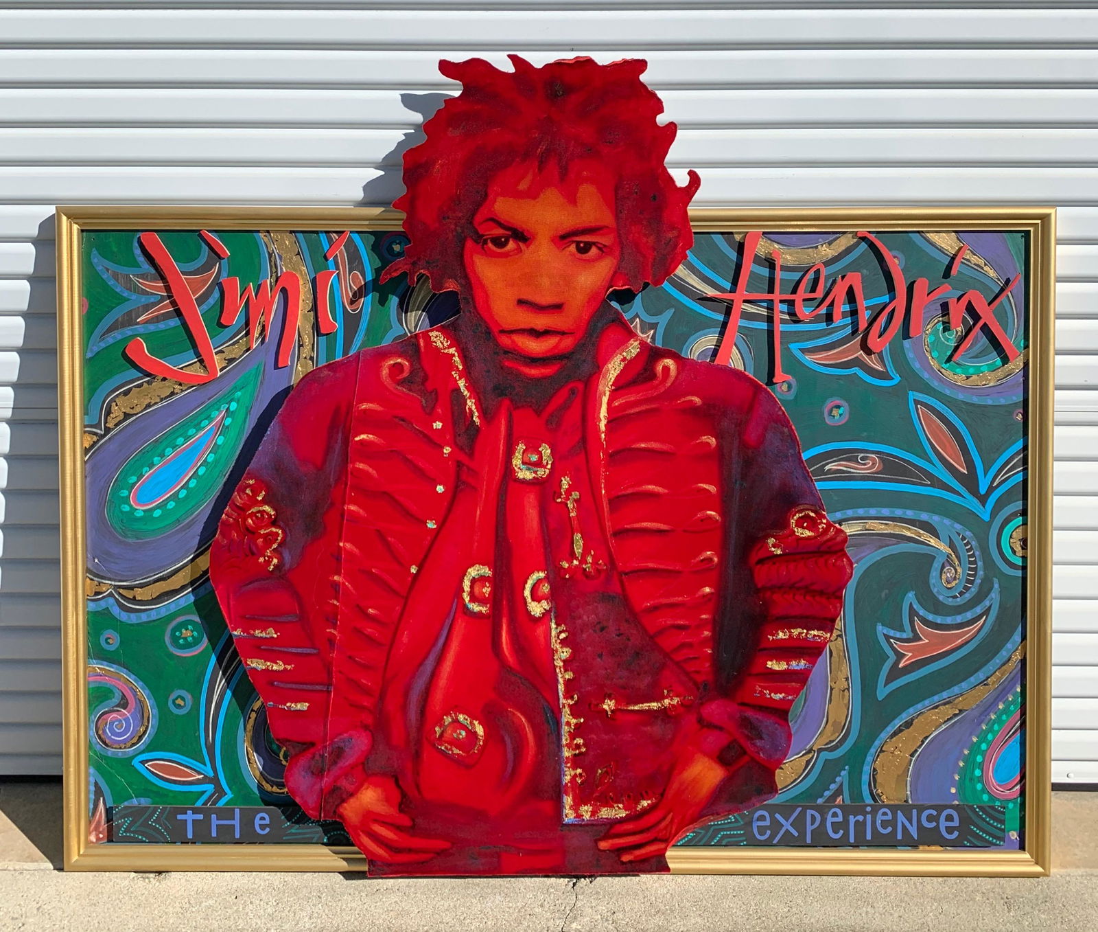 Original Jimi Hendrix Record Store Advertising - 3D: Original Jimi Hendrix Record Store Advertising - 3D Handpainted w/ Gold Leaf on Velvet from Cymboline Records Santa Cruz - Framed 74'' x 50'' & w/ Head 61'' Tall - Pick Up Only or Arrange Own Shipping