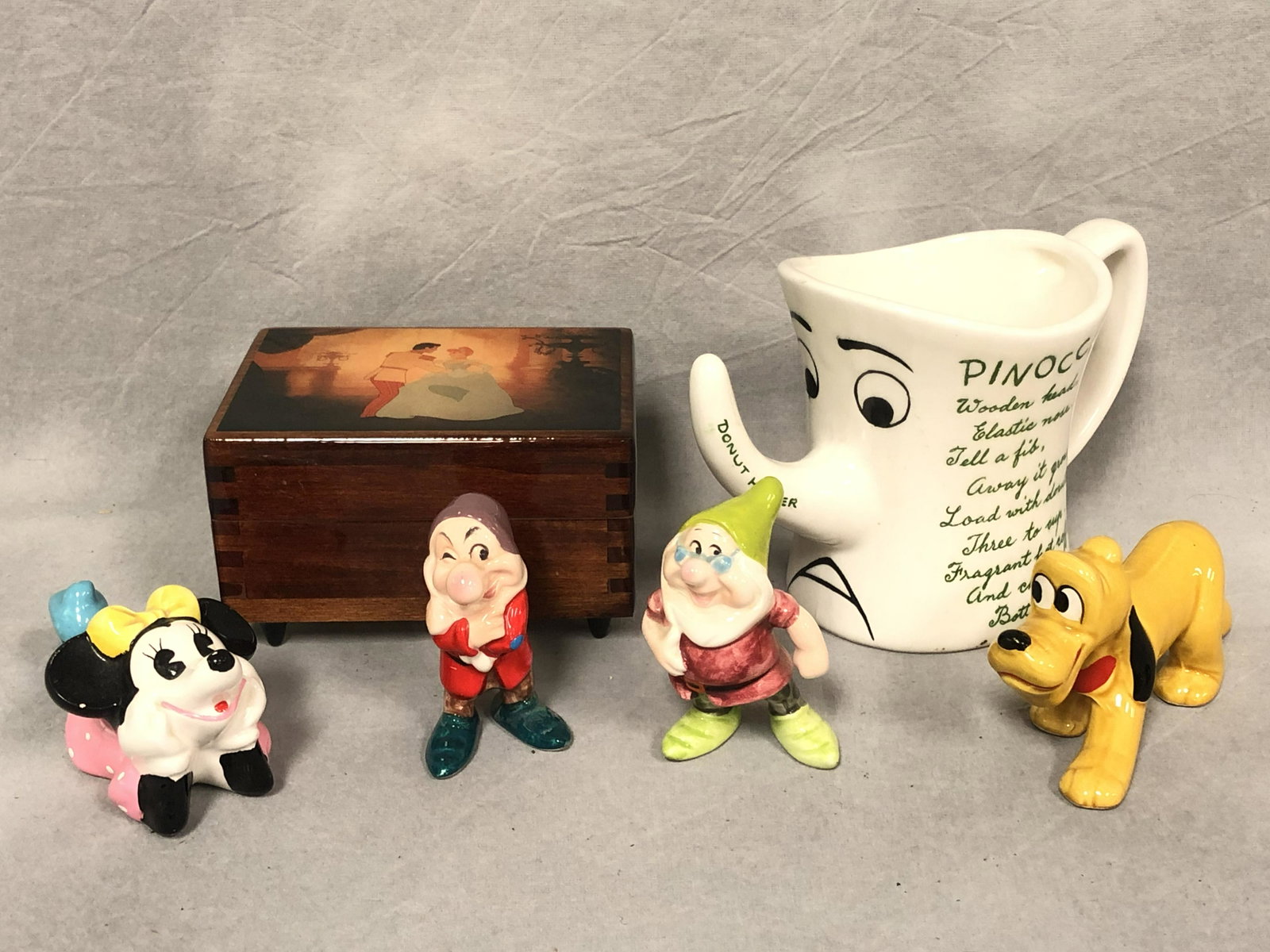 Vtg Japanese Disney Figures, Cup, Music Box - Reuge: Vtg Japanese Disney Figures, Cup, Music Box - Reuge Walt Disney Music Box, (4)Figures & Pinocchio Mug
