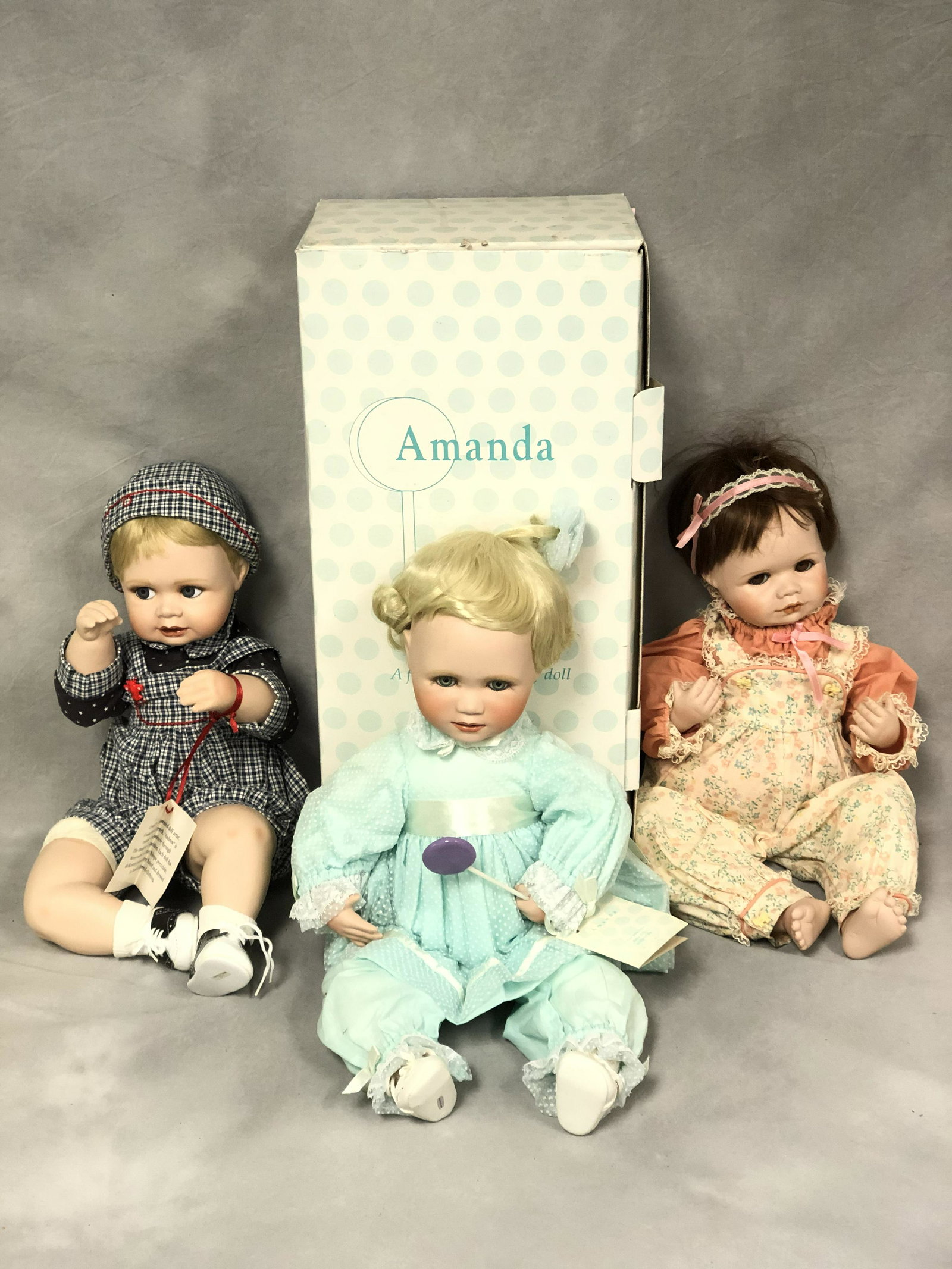 (3)Asst Connie Derek Porcelain Dolls - Hamilton: (3)Asst Connie Derek Porcelain Dolls - Hamilton Collection, Andrew / Sarah & Amanda All w/ Tags, (1)Original Box