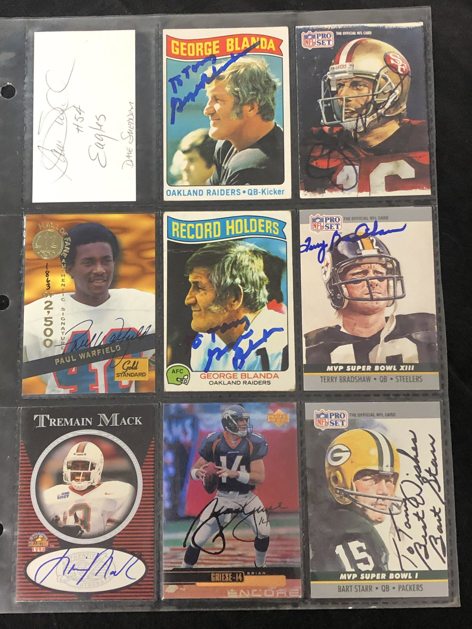 (9)Autographed NFL Trading Cards, Memoribilia - Terry: (9)Autographed NFL Trading Cards, Memoribilia - Terry Bradshaw, Joe Montana, George Blanda, Bart Starr, Paul Warfield, Tremain Mack, More