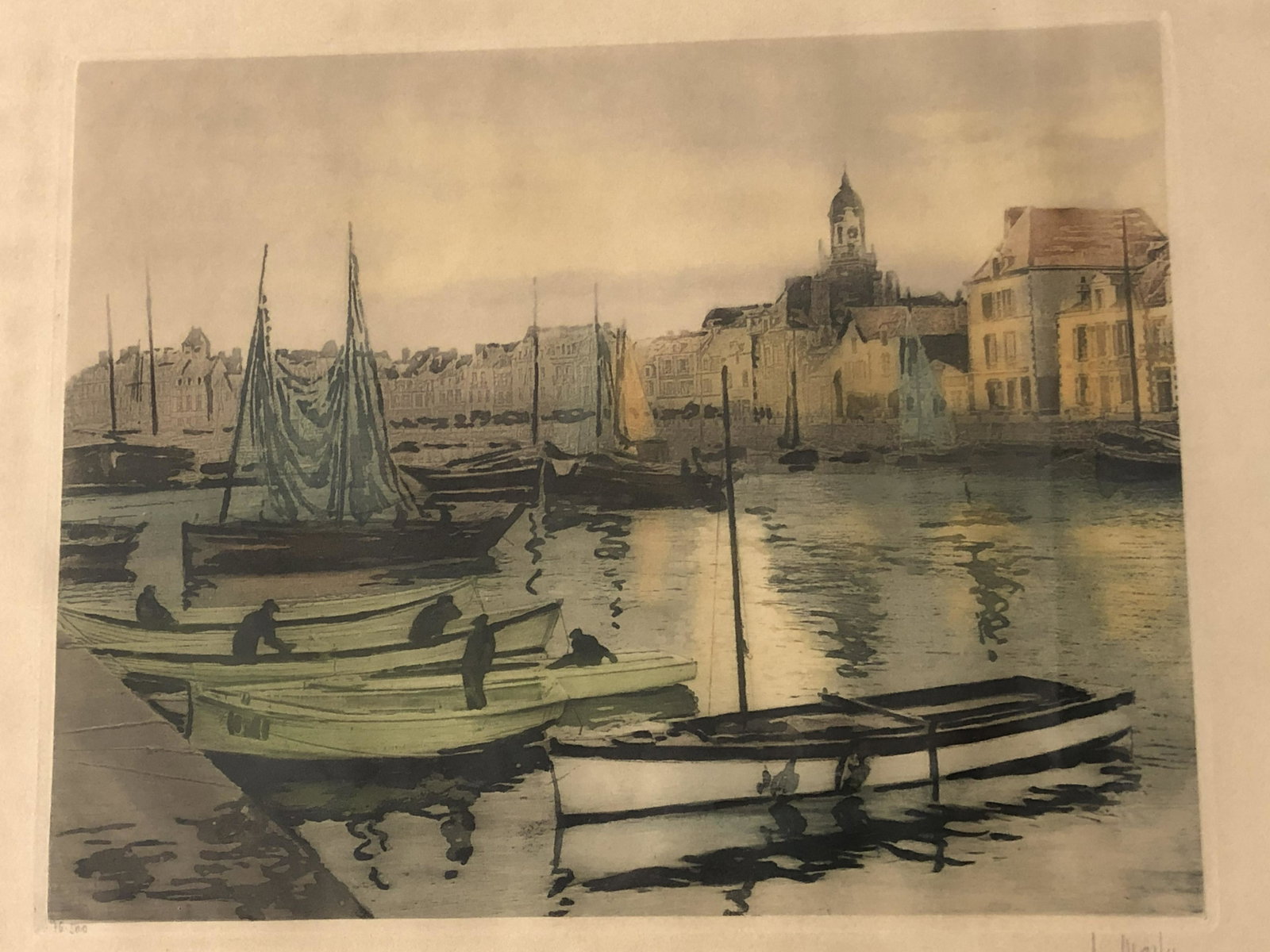 Signed, Artist Proof Limited Edition French Etching -: Signed, Artist Proof Limited Edition French Etching - Signed Copper Plate, Inked & Painted by Hand w/ Original Color, 'Le Croisic Harbor Brittany France, Framed 20.5'' x 13.75'' , Sight 10.5'' x 8.25'