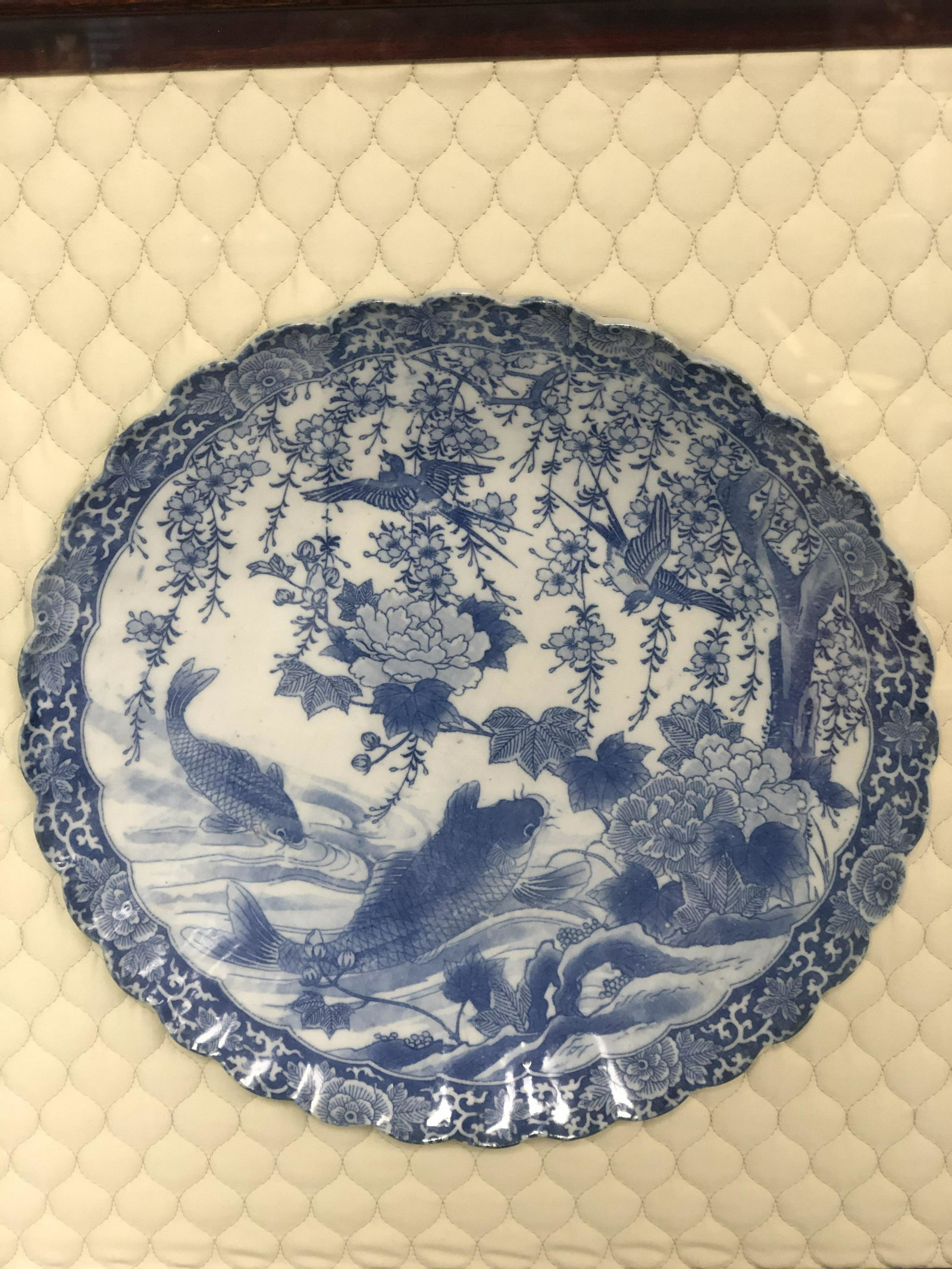 Early Japanese Blue White Charger, Framed - 12'': Early Japanese Blue White Charger, Framed - 12'' Diameter, Framed in Shadow Box