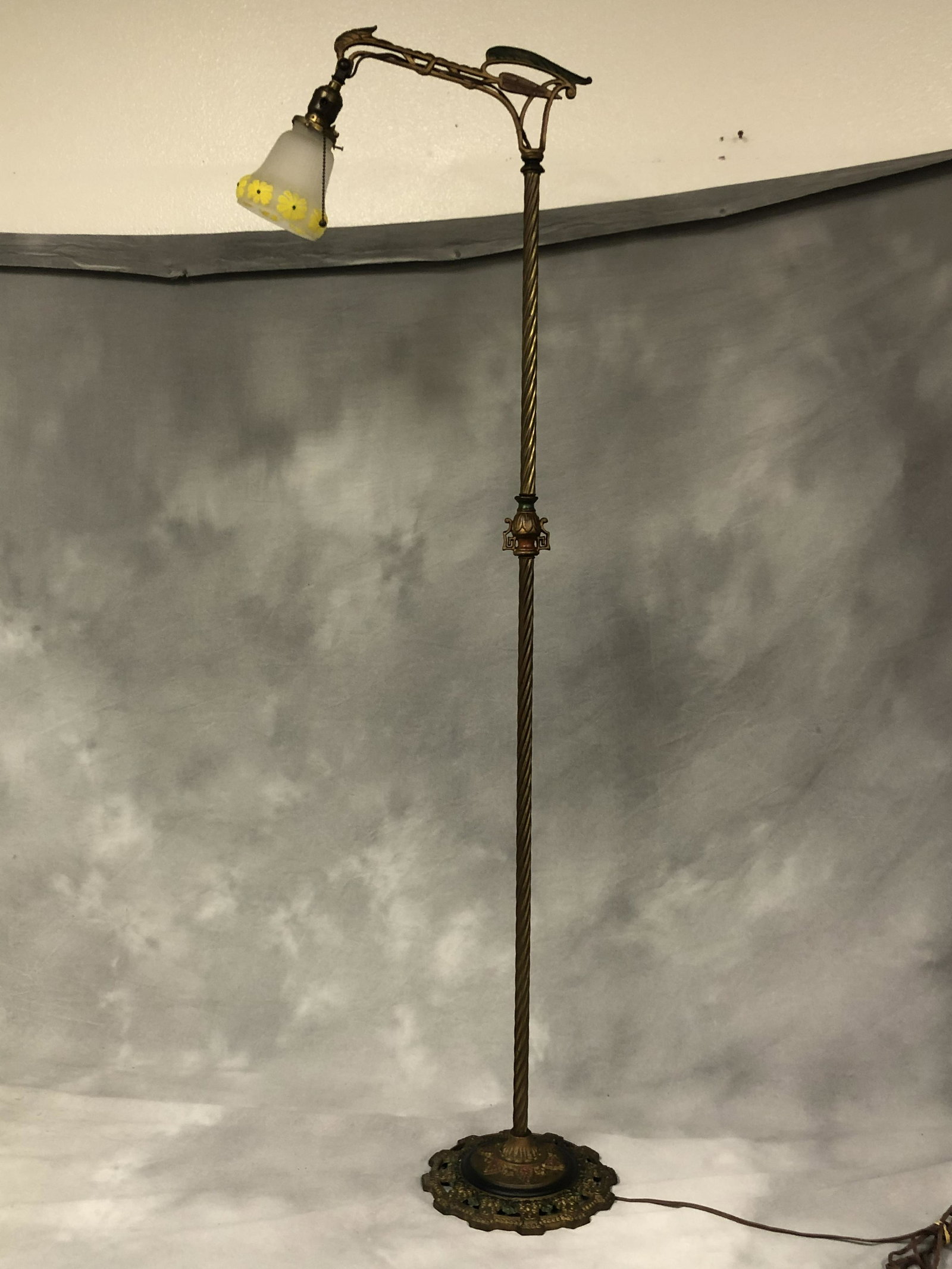 Antique Bridge Floor Lamp w/ Bird Design - Original: Antique Bridge Floor Lamp w/ Bird Design - Original Paint w/ Daisy Flower Shade w/ Bird - Bridge 12.75'', 58.5'' Tall