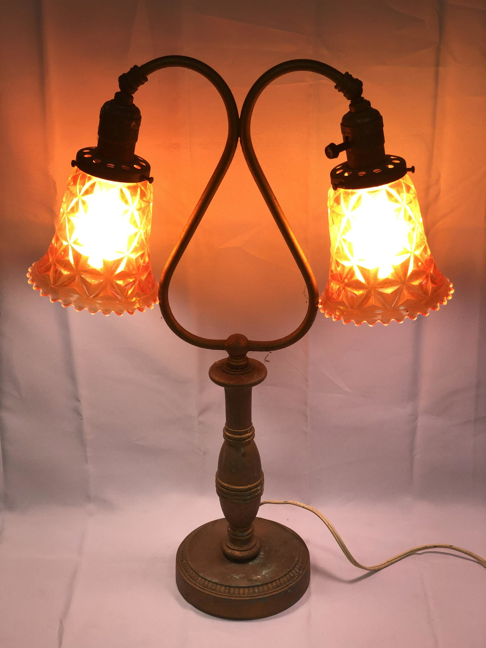 Brass Harp Lamp w/ Carnival Glass Shades - 14'' x: Brass Harp Lamp w/ Carnival Glass Shades - 14'' x 20.5''