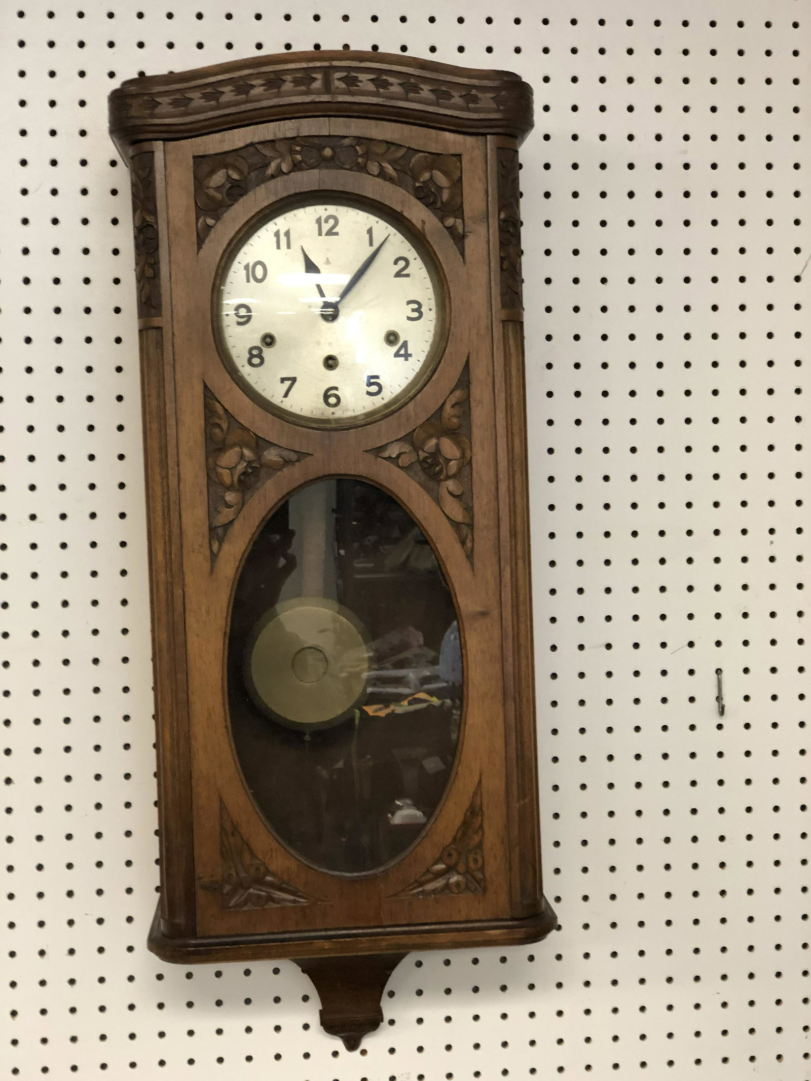 1920s - 30s Gustav Becker Wall Clock, Key - Carved: 1920s - 30s Gustav Becker Wall Clock, Key - Carved Wooden Case, Chimes Quarter Hour, 13'' x 6'' x 33''