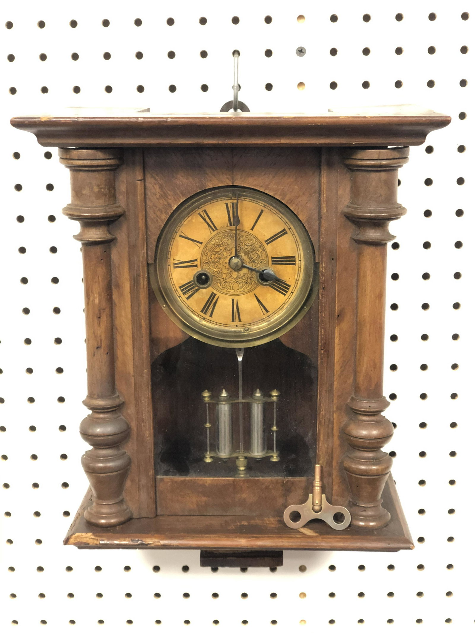 Antique Wall Clock w/ Key, 10'' x 6'' x 15'' - Chimes: Antique Wall Clock w/ Key, 10'' x 6'' x 15'' - Chimes on the 1/2 hour, Not Tested for Accuracy