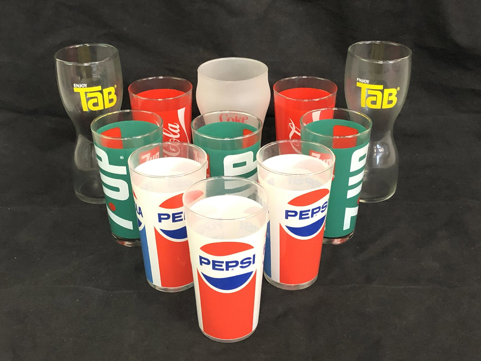 (11)Asst Vtg Glass Soda Drinking Cups - 7Up, Coca-Cola,: (11)Asst Vtg Glass Soda Drinking Cups - 7Up, Coca-Cola, Pepsi & Tab