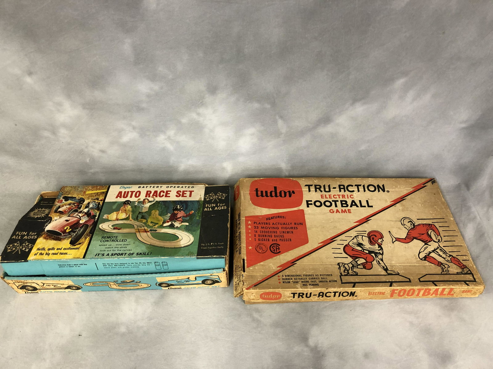 Vtg Toys - Tudor Electric Football, Ungar Race Set -: Vtg Toys - Tudor Electric Football, Ungar Race Set - Ungar Auto Race Set w/ 2 Cars (UNTESTED) & Tru-Action Electric Football Game (Powers Up)