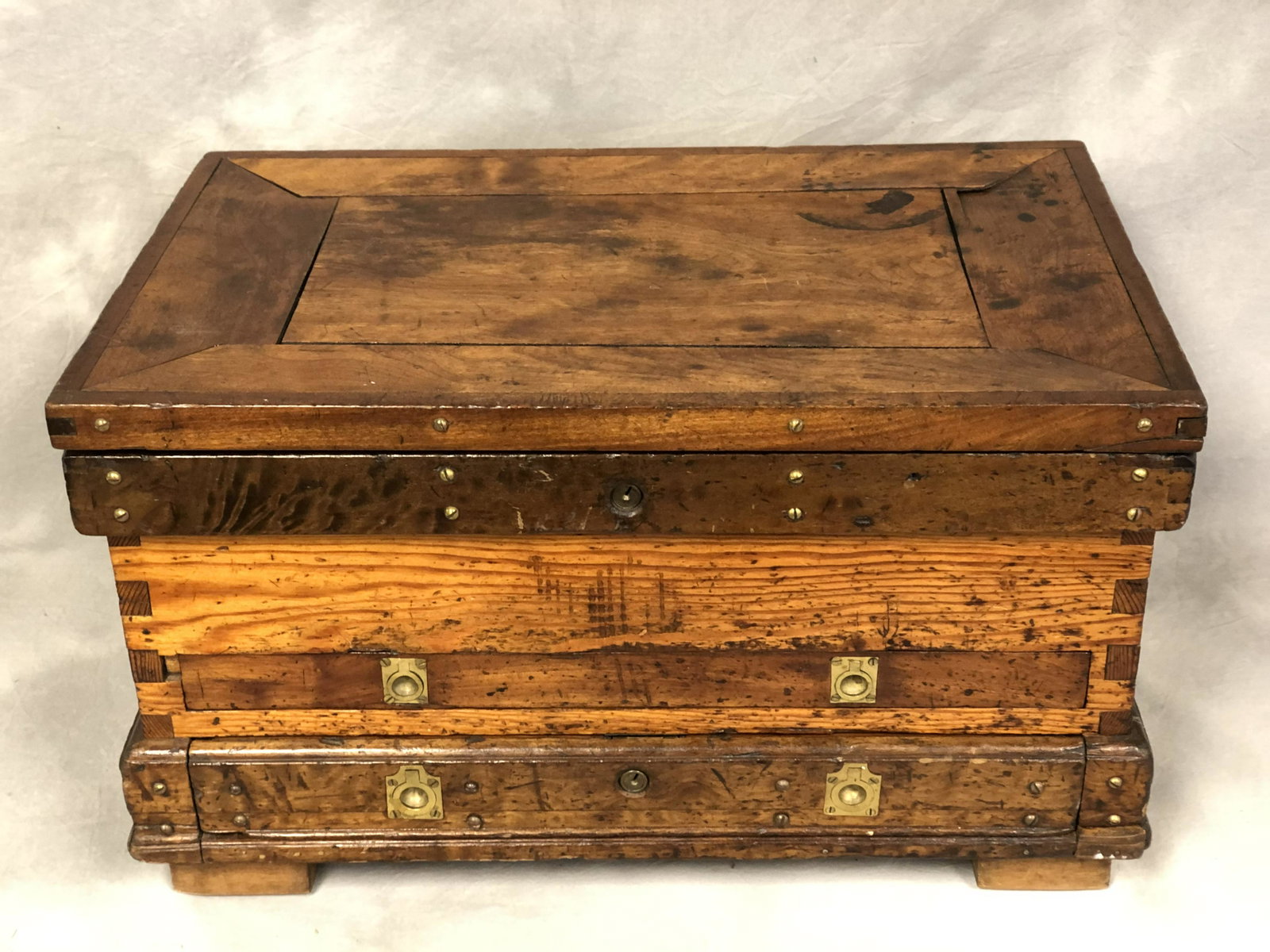 Wooden Handled Trunk w/ Brass Accents - 2 Drawers, Used: Wooden Handled Trunk w/ Brass Accents - 2 Drawers, Used as Silverware Box, 23'' x 14.5'' x 13.5''