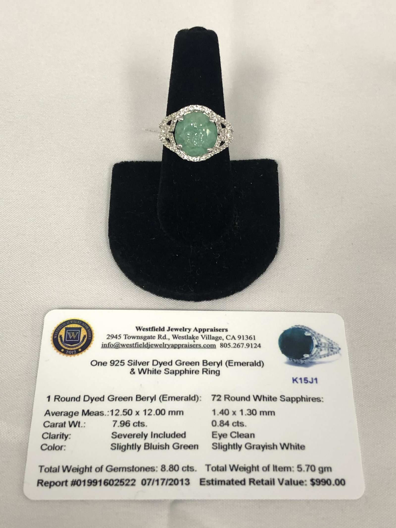 Certified Beryl Emerald Sapphire Ring, Sz 7 - Sterling: Certified Beryl Emerald Sapphire Ring, Sz 7 - Sterling Setting w/ 7.96ct Dyed Green Beryl Emerald & 72 White Sapphires w/ Certificate , Total Wgt 5.7g