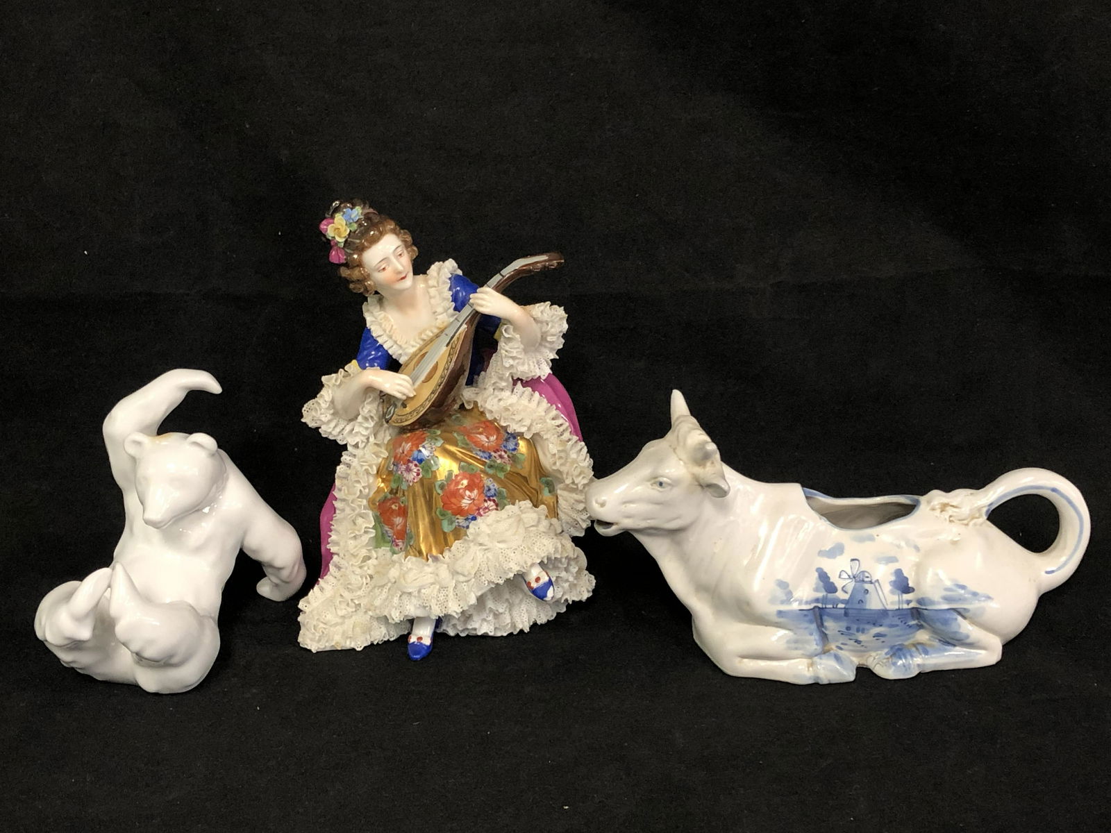 KPM Polar Bear, German Cow Creamer & Figure - Germany: KPM Polar Bear, German Cow Creamer & Figure - Germany 1391 Hallmarked Cow, Noritake Figure Ship on Foot & KPM Polar Bear