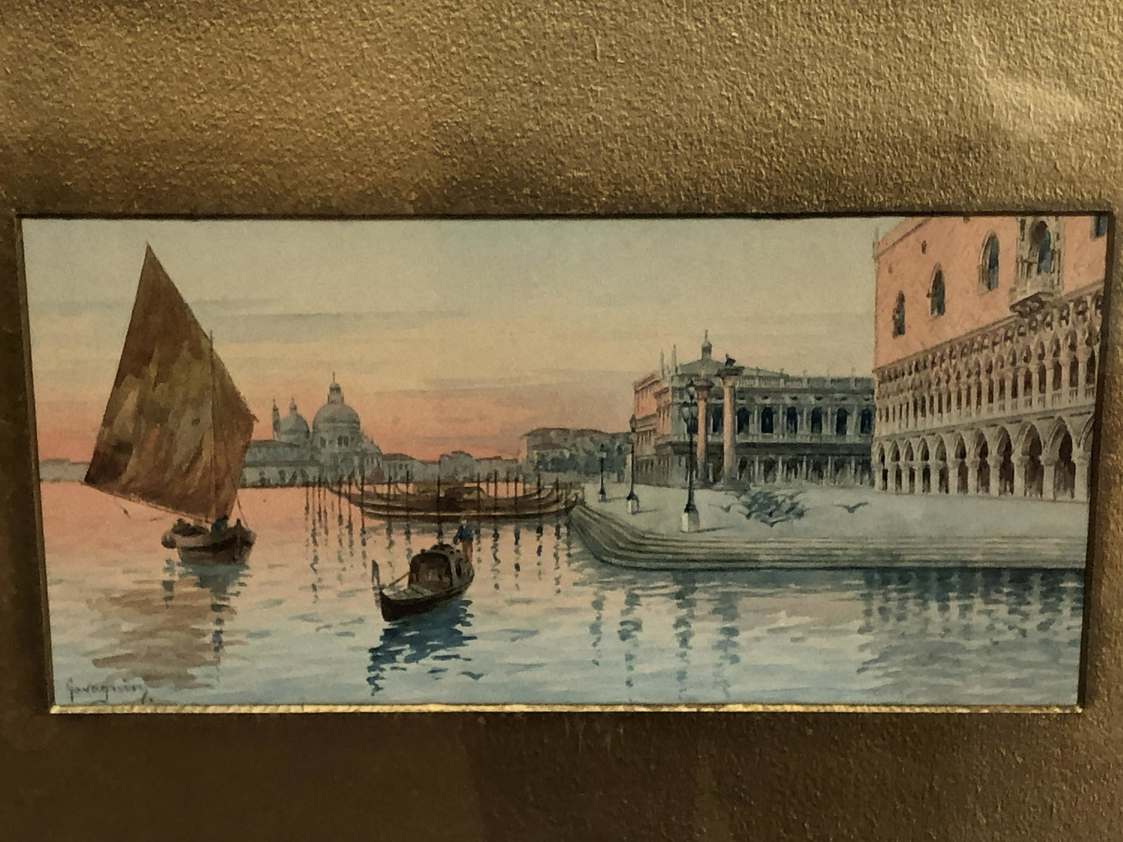 Atq Signed Italian WC 'Natale Gavagnin' - (1851-1923),: Atq Signed Italian WC 'Natale Gavagnin' - (1851-1923), WC of Sunset in Italy, Framed 19'' x 12.5'' , Sight 12'' x 6''