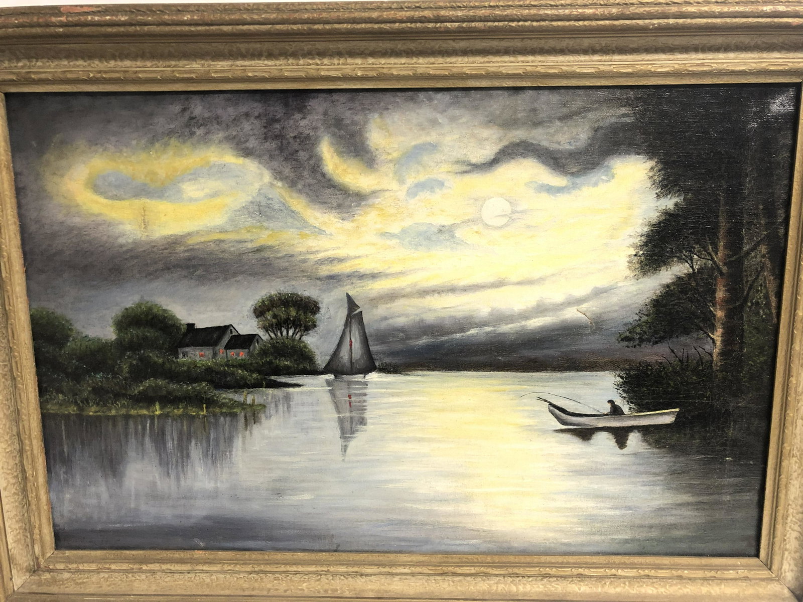 Antique Signed Oil on Canvas of Sunset - Antique Frame,: Antique Signed Oil on Canvas of Sunset - Antique Frame, Framed 31.5'' x 22'' , Sight 27'' x 17''