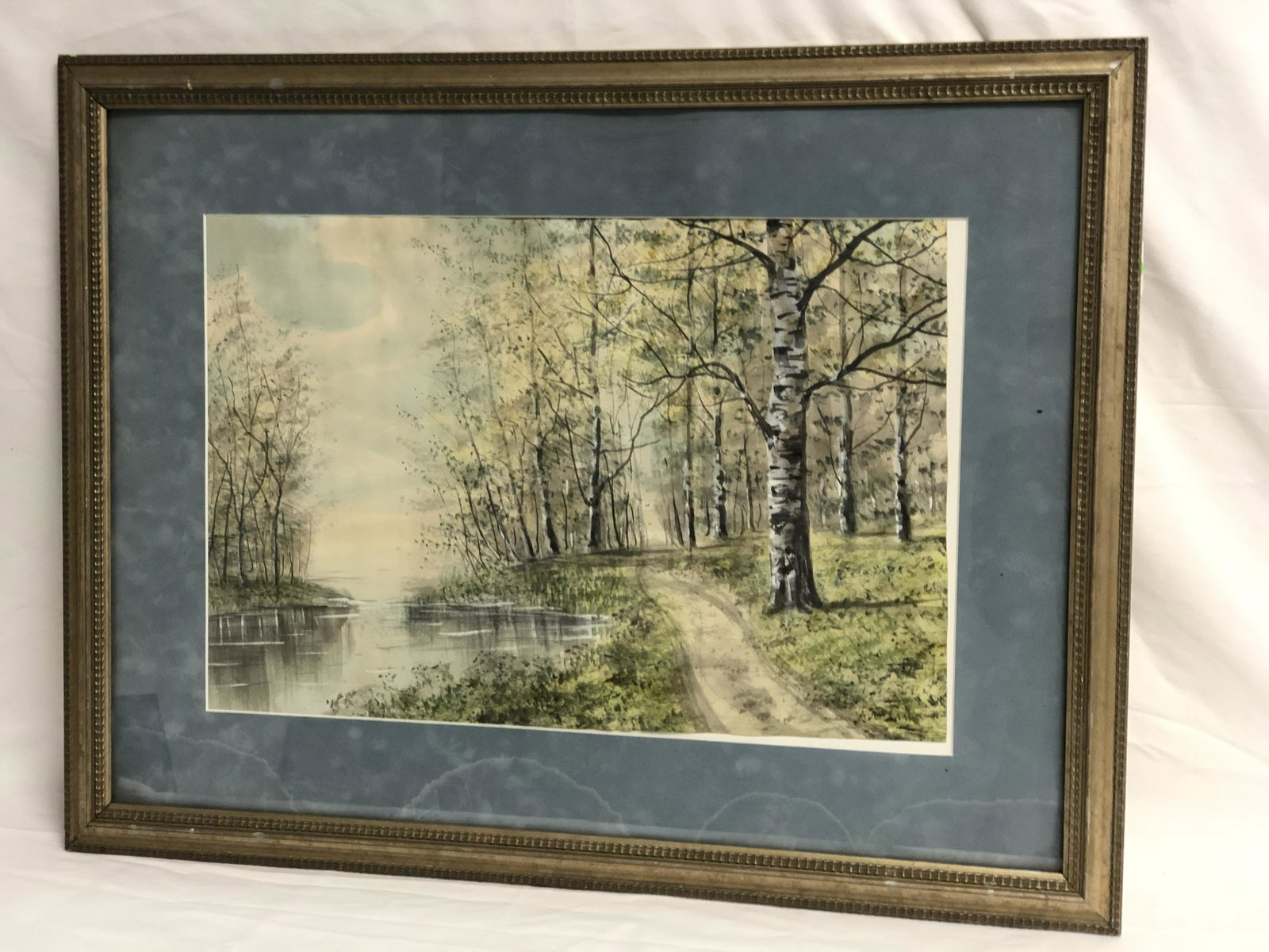 Signed WC of Birches on Water by 'A.Abrams' - Sight: Signed WC of Birches on Water by 'A.Abrams' - Sight 21'' x 13.75''