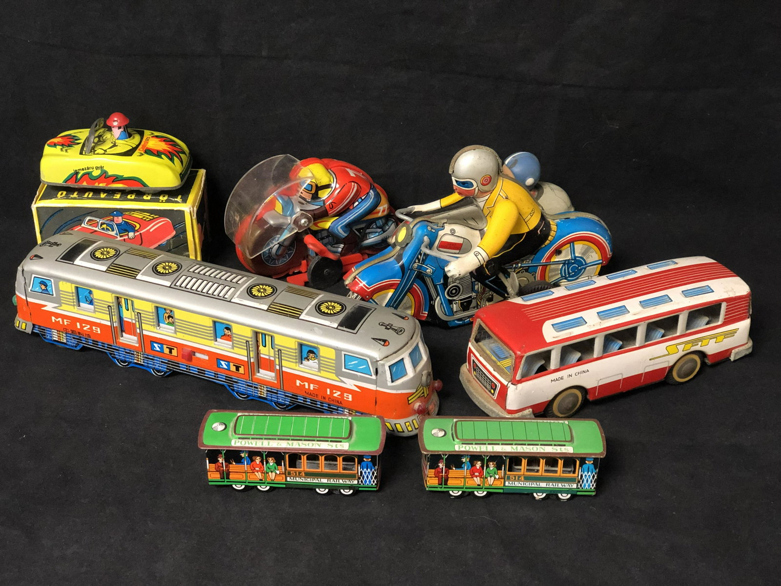 Vintage Tin Toy Cars, Motorcycles - Windup, Friction &: Vintage Tin Toy Cars, Motorcycles - Windup, Friction & Roll, MF 129 Bus, Motorcycle Racer, Powell & Mason Cable Cars & More - Some Need Work -